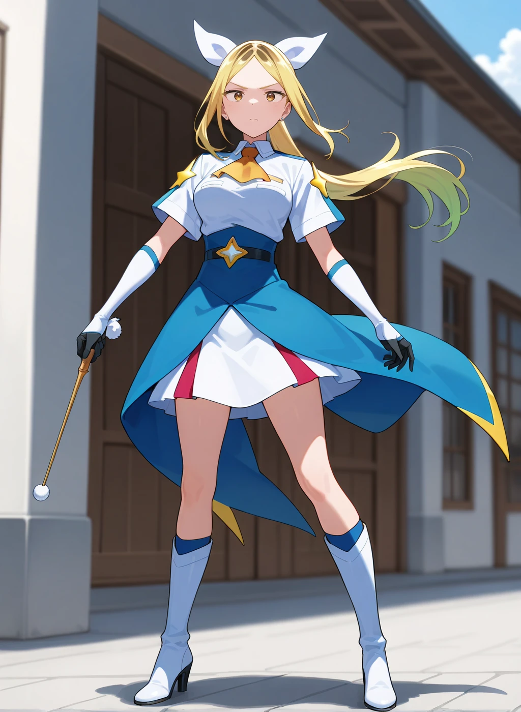 High quality,Ultra detailed,best quality,insanely detailed,beautiful,perfect lighting,masterpiece,highres,absurdres,very aesthetic,very awa,sensitive BREAK
<lora:koshigaya_hitomi_V1_IL:1>,(koshigaya hitomi, kabushikigaisya magilumiere, blonde hair, long hair, brown eyes, earrings,medium breasts,two-tone hair ),( ponytail, hair ribbon, magical girl, gloves, star (symbol), skirt, shirt,ascot,elbow gloves,white gloves,black gloves,short sleeves,white footwear,knee boots,high heel boots),1girl,solo,serious,looking_at_viewer,standing,full body,posing,outdoors,day,wand,sanpaku,