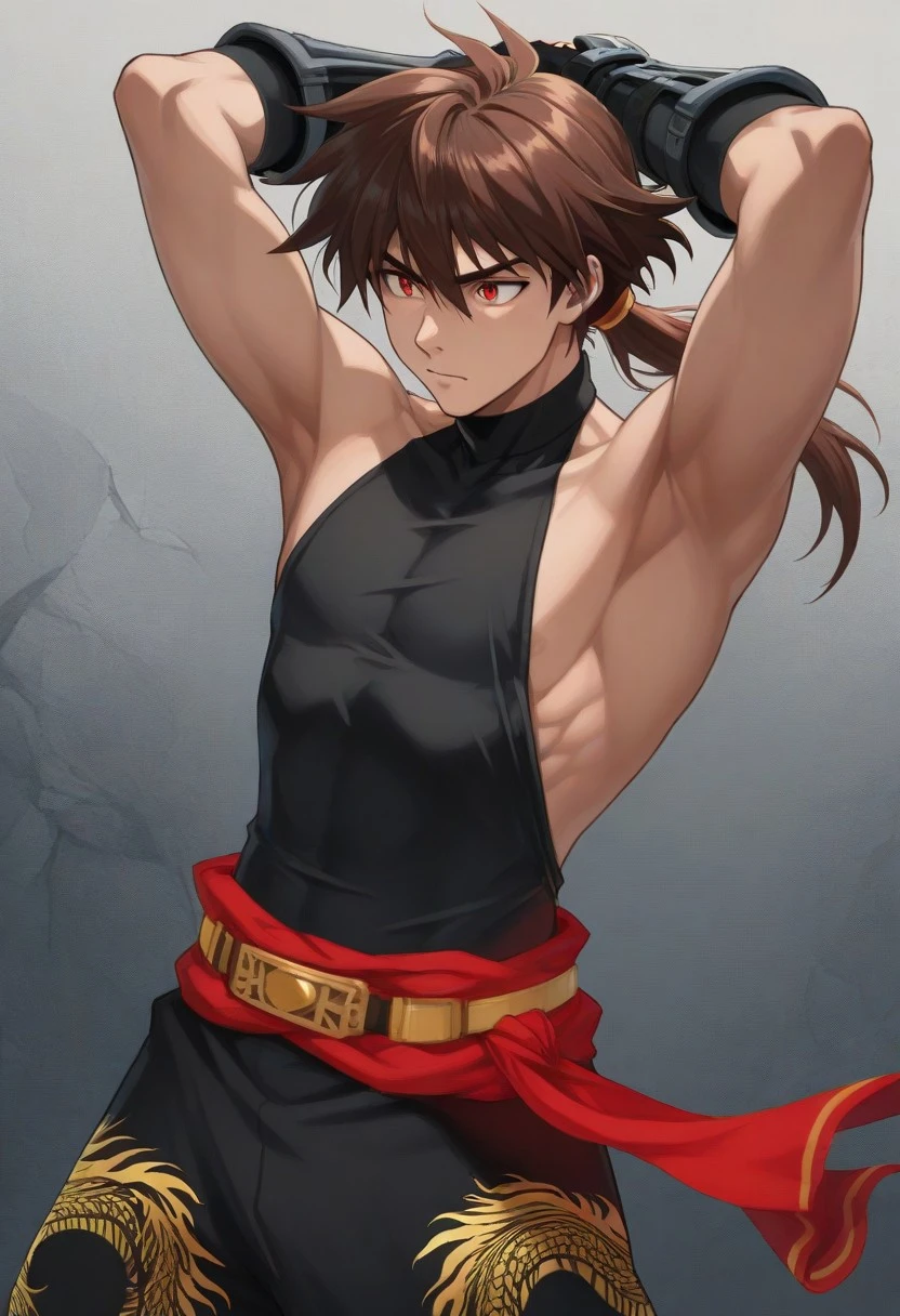 1male, male anime character, Kirin, brown hair, ponytail, red eyes, well-toned body, black sleeveless turtleneck, backless outfit, arm gauntlets, fingerless gloves, red waistcloth, belt, black baggy pants, golden dragon print pants, hands behind head, armpits, front view, ancient Asia
