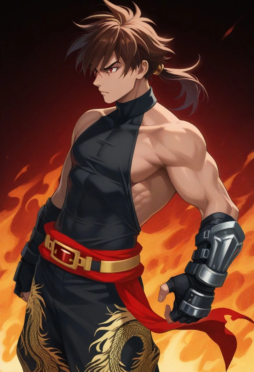 1male, male anime character, Kirin, brown hair, ponytail, red eyes, well-toned body, black sleeveless turtleneck, backless outfit, arm gauntlets, fingerless gloves, red waistcloth, belt, black baggy pants, golden dragon print pants, large flames background, serious, fierce, epic