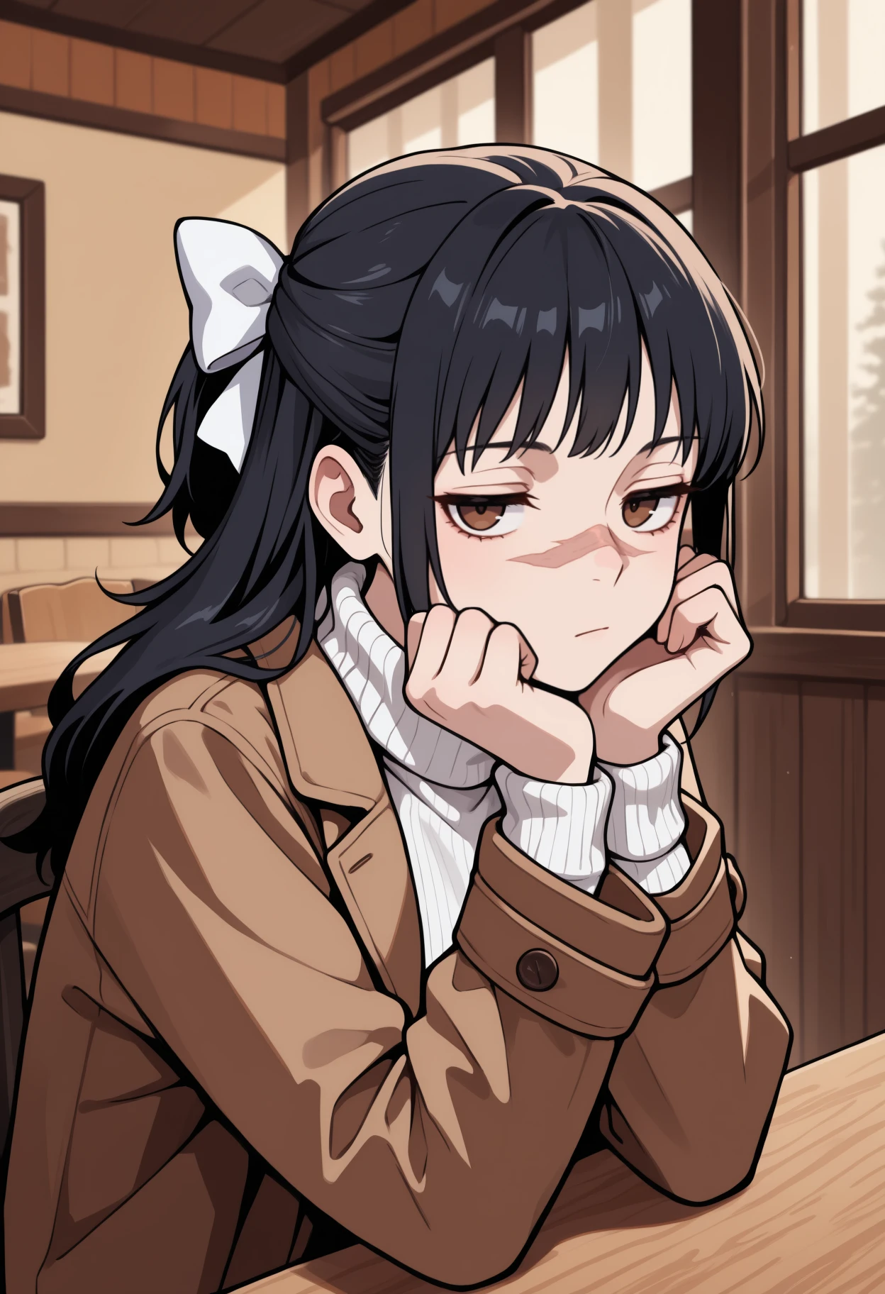 masterpiece, best quality, newest, upper body, solo, 1girl, utah1mecurr, scar on face, scar on nose, expressionless, looking at viewer, head rest, sitting, on chair, long hair, black hair, half updo, hair bow, white bow, brown eyes, jitome, winter clothes, brown coat, open coat, long sleeves, white sweater, ribbed sweater, turtleneck sweater, indoors, restaurant, table
<segment:yolo-Anzhc Face seg 640 v2 y8n.pt,0.4,0.5//cid=1>