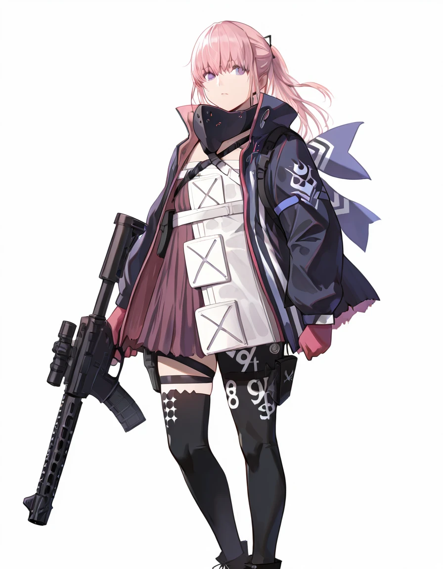 Volumetric Lighting, (masterpiece), (best quality), (ultra-detailed), masterpiece, source_anime, score_9, score_8_up, score_7_up BREAK, illustration, disheveled hair, detailed eyes, perfect composition, moist skin, intricate details BREAK, purple eyes, pink hair, ponytail, sidelocks, hair between eyes BREAK, AR15MOD3, layered clothes, MOD3_vest, white vest, MOD3_jacket, black jacket, MOD3_dress, pink dress, MOD3_chest_strap, uneven legwear, MOD3_thighhighs, MOD3_gloves, MOD3_thigh_holster, MOD3_thigh_strap, MOD3_battle_mask, MOD3_hair_ornament, black footwear BREAK, ((white background)), looking at viewer, standing, shadow, holding rifle, assault rifle, ar-15, holding ar-15