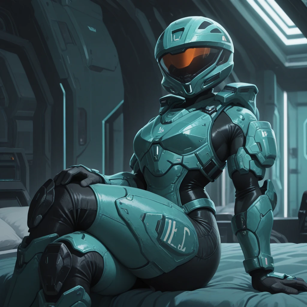 (wamudraws:0.3), <lora:ck-Sommo-Concept-Art-IL:0.7>, masterpiece, best quality, amazing quality, very aesthetic, high resolution, ultra-detailed, absurdres, newest, scenery, {Prompt}, BREAK, detailed background, depth of field, volumetric lighting, futuristic facility, masterpiece, best quality, <lora:agentcarolinav3-000003:0.8>, carolina, faceless, eyeless, teal armor, black techsuit, helmet, arm armor leg armor, sitting, legs crossed, chest armor, visor, arm armor, cowboy shot, posing, bedroom,