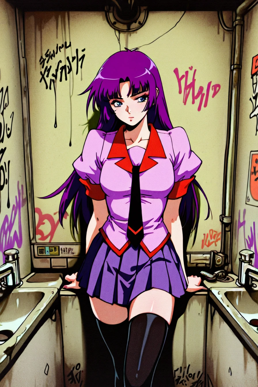 (hitagi senjougahara:0.6), bangs, long hair, blue eyes, purple hair,skirt, thighhighs, school uniform, necktie, black thighhighs, zettai ryouiki, naoetsu high school uniform, underground bathroom, sink, dirty bathroom, graffiti, <lora:dark_lofi_retro_illustriousXL:1>, dark_lofi_retro, lofi, retro, masterpiece, highres