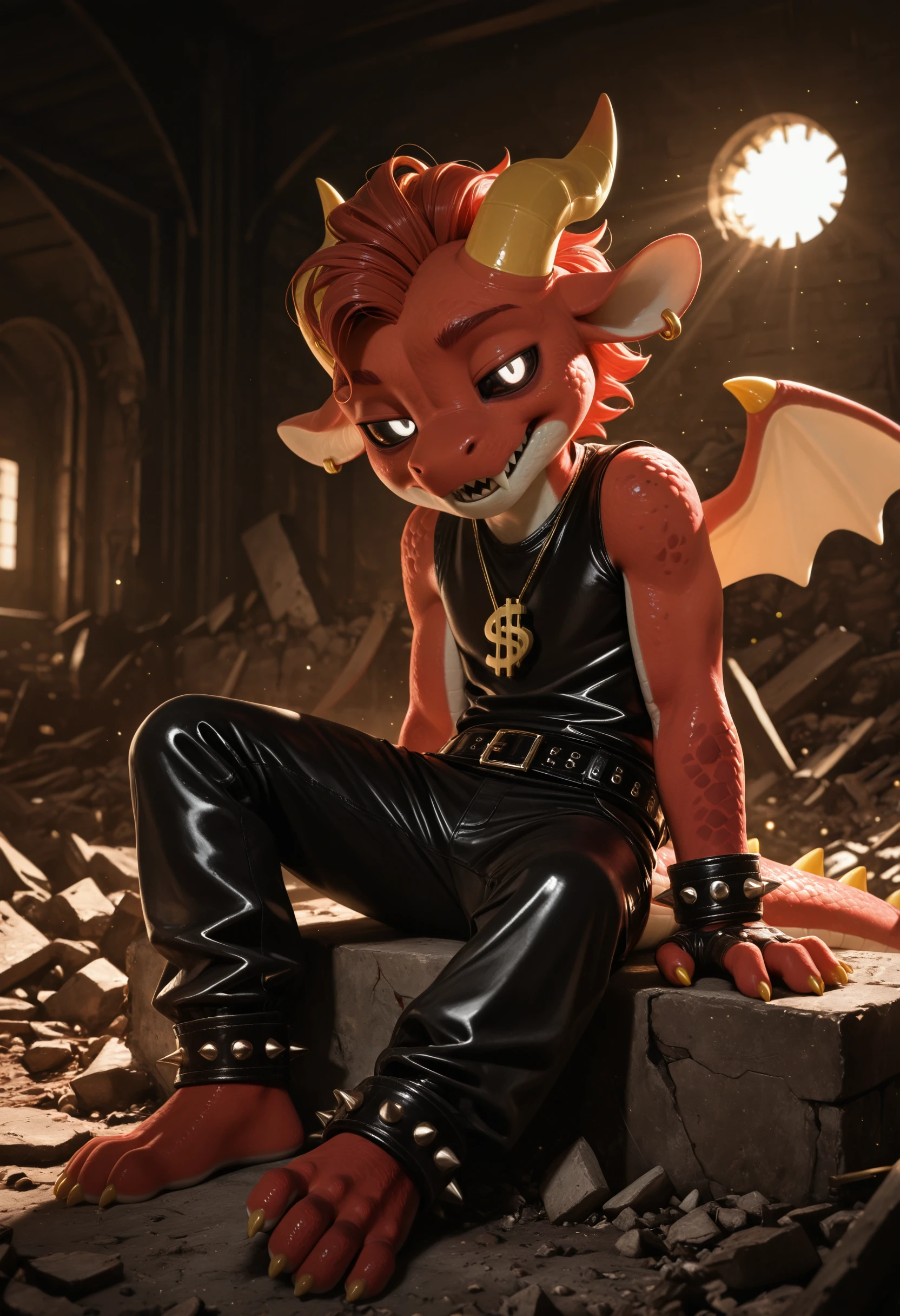 photorealism, photorealistic, blurry background, dim lights, dark, horror_\(theme\),
s1mon_sm0ke, solo, dragon, cute, anthro, horns, horn, 1boy, male, red body, furry, male focus, wings, tail, sharp teeth, dollar sign necklace, furry male, sharp teeth, dragon boy, claws, dragon horns, jewelry, white pupil, black sclera, earrings, piercing, looking at viewer, leather anklets with metal spikes, metal bands, clothed, gothic style, black pants, cross, fingerless gloves with metal spikes,
flirty expression, seductive glance, sound effect, motion lines,
(syuro:0.8), (nomax:0.5), (honovy:0.6), (kenket:0.6), (taran fiddler:0.6),
masterpiece, best quality, amazing quality, very aesthetic, absurdres, newest, (from side, praise the sun spread legs:1.15)
1girl, solo, indoors, blood, scenery, light_rays, dark, wide_shot, ruins, rubble <lora:Simon_Smoke_Poppy_Playtime_Illustrious:1>