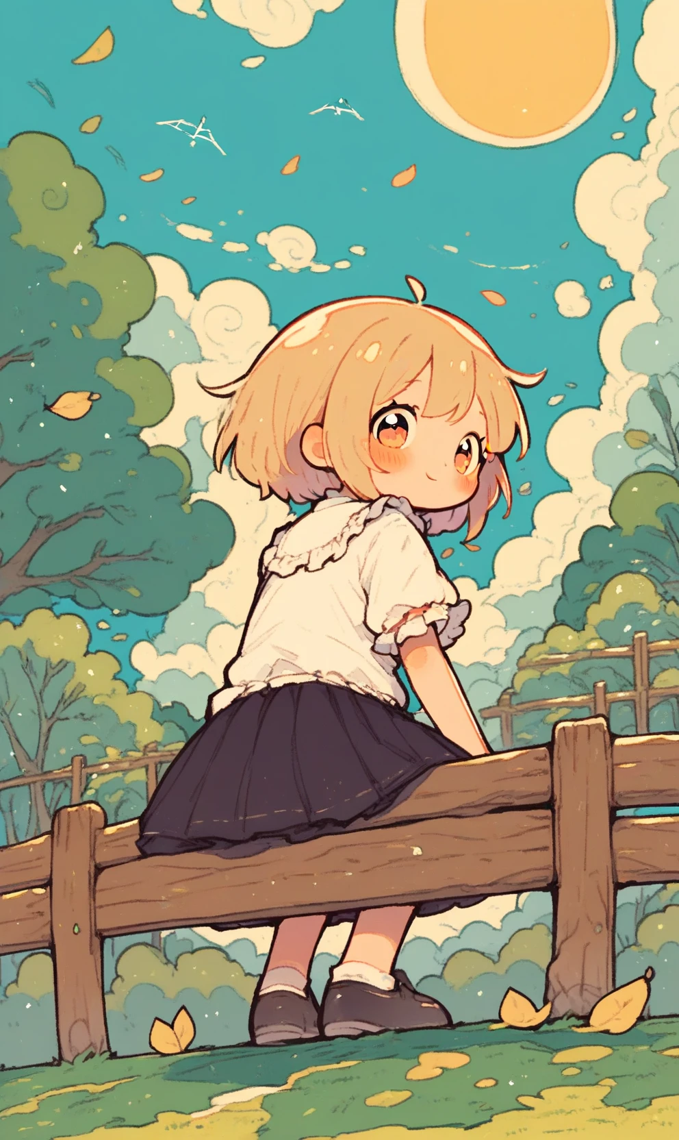 score_9, score_8_up, score_7_up, score_6_up, score_5_up, score_4_up, (((cute girl))), (chibi:0.1), (cute:1.2), (white frilly shirt, black skirt), looking back, (sitting, sitting on fence), rear view, from behind, wooden_fence, full body shot, (from below, low angle view), clouds, sun, cute, kawaii, trees, leaves, (detailed background:1.3)