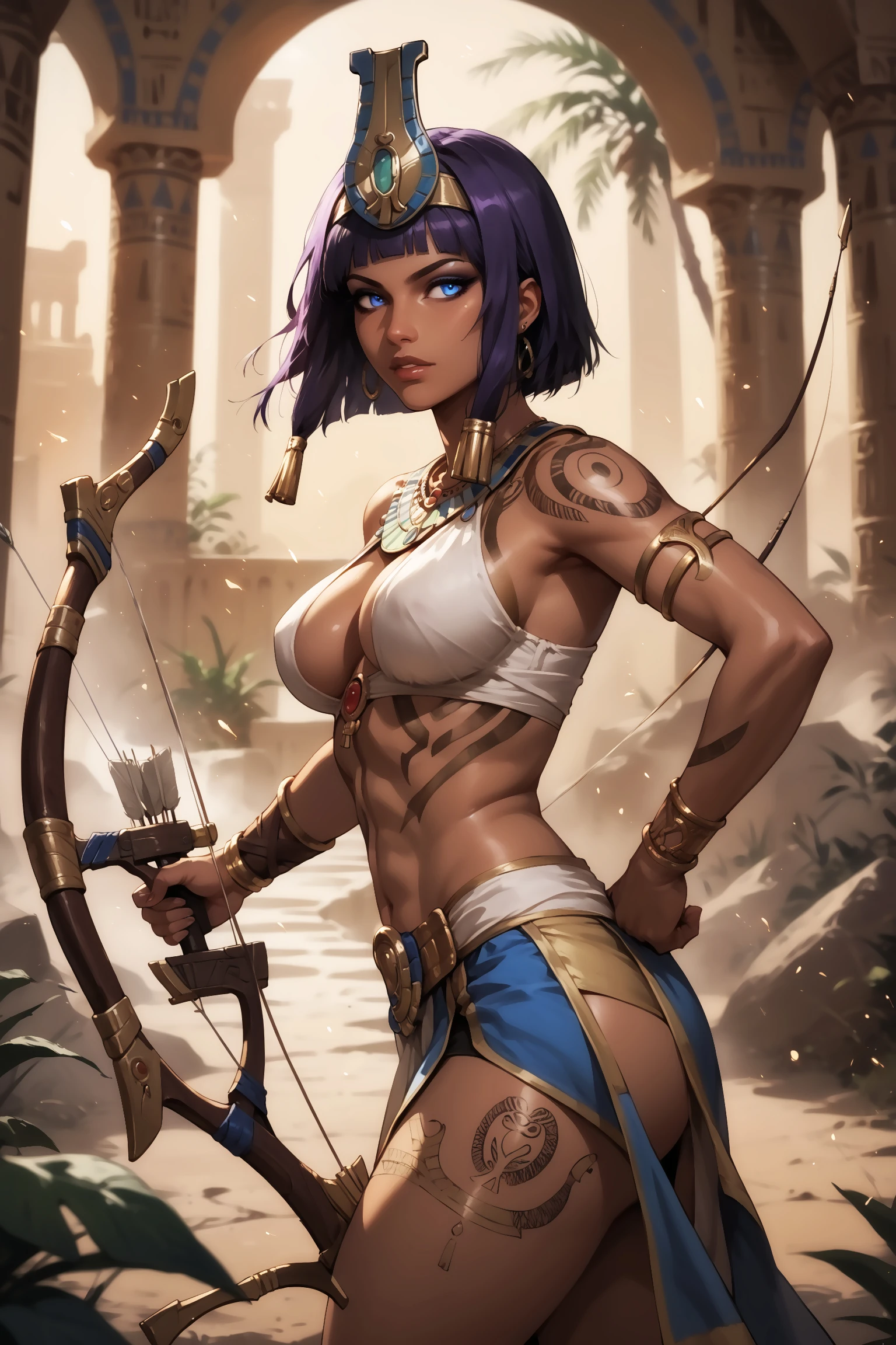 score_9, score_8_up, score_7_up, score_6_up, score_9, score_8_up, score_8, solo, imtdneith, 1girl, golden tattoos, yellow tattoos, dark skin, dark-skinned female, egyptian, black hair, purple hair, blue eyes, short hair, large breast, jewelry, armlet, bow (weapon), aiming with his bow, firing an arrow, detailed background, nature, outdoor