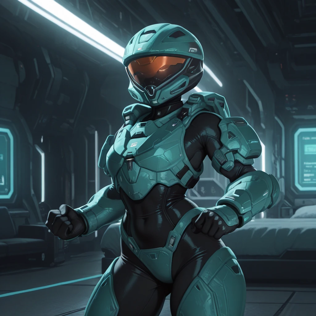 (wamudraws:0.3), <lora:ck-Sommo-Concept-Art-IL:0.7>, masterpiece, best quality, amazing quality, very aesthetic, high resolution, ultra-detailed, absurdres, newest, scenery, {Prompt}, BREAK, detailed background, depth of field, volumetric lighting, futuristic facility, masterpiece, best quality, <lora:agentcarolinav3-000003:0.8>, carolina, teal armor, black techsuit, helmet, arm armor, fighting stance, chest armor, visor, arm armor, standing, cowboy shot, posing, bedroom,