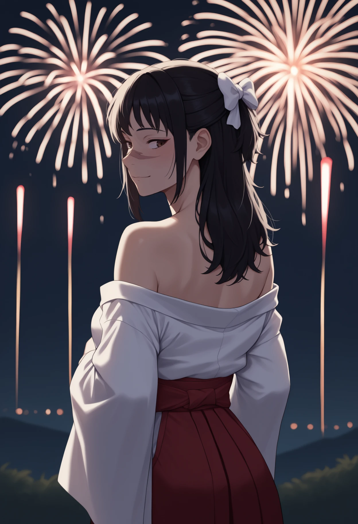 masterpiece, best quality, newest, anime, from behind, solo, 1girl, utah1mecurr, scar on face, scar on nose, slight smile, looking back, long hair, black hair, half updo, hair bow, white bow, brown eyes, japanese clothes, white kimono, kimono pull, off shoulder, long sleeves, wide sleeves, red hakama, hakama skirt, bare shoulders, outdoors, night, fireworks
<segment:yolo-Anzhc Face seg 640 v2 y8n.pt,0.4,0.5//cid=1>