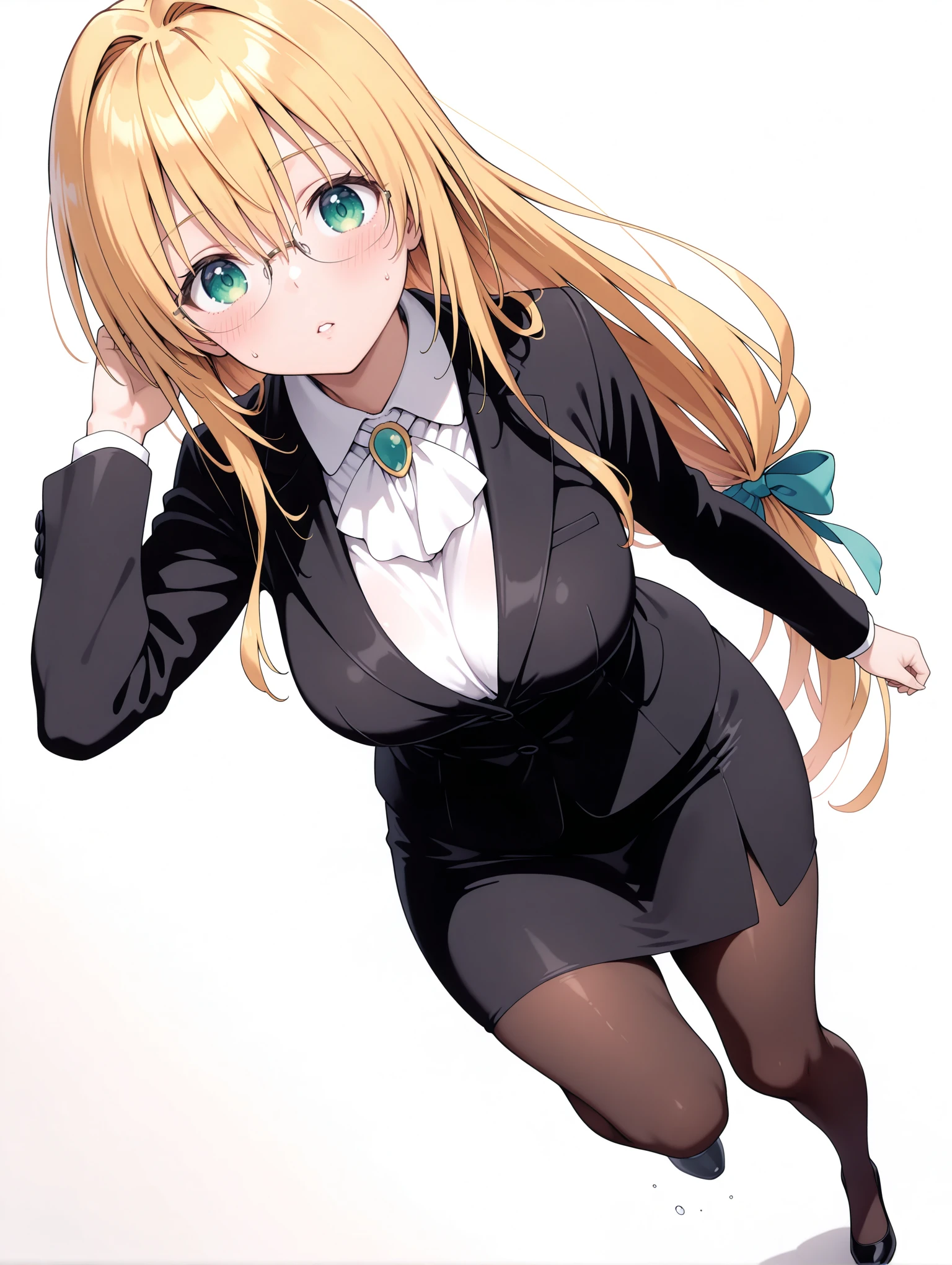 masterpiece,best quality,newest,
1girl,solo,
<lora:Tearju_ilxl_v1:1>,Tearju,blonde hair,green eyes,low-tied long hair,blue hair bow,t_glasses,rimless glasses,t_clothes,white collared shirt,black jacket,black skirt suit,pantyhose,
<lora:Fixhands_anime_bdsqlsz_V1:1>,light_blush,cinematic_angle,looking_at_viewer,jumping,full body,parted lips,sweatdrop,white_background,simple_background,dynamic_angle,embarrass,