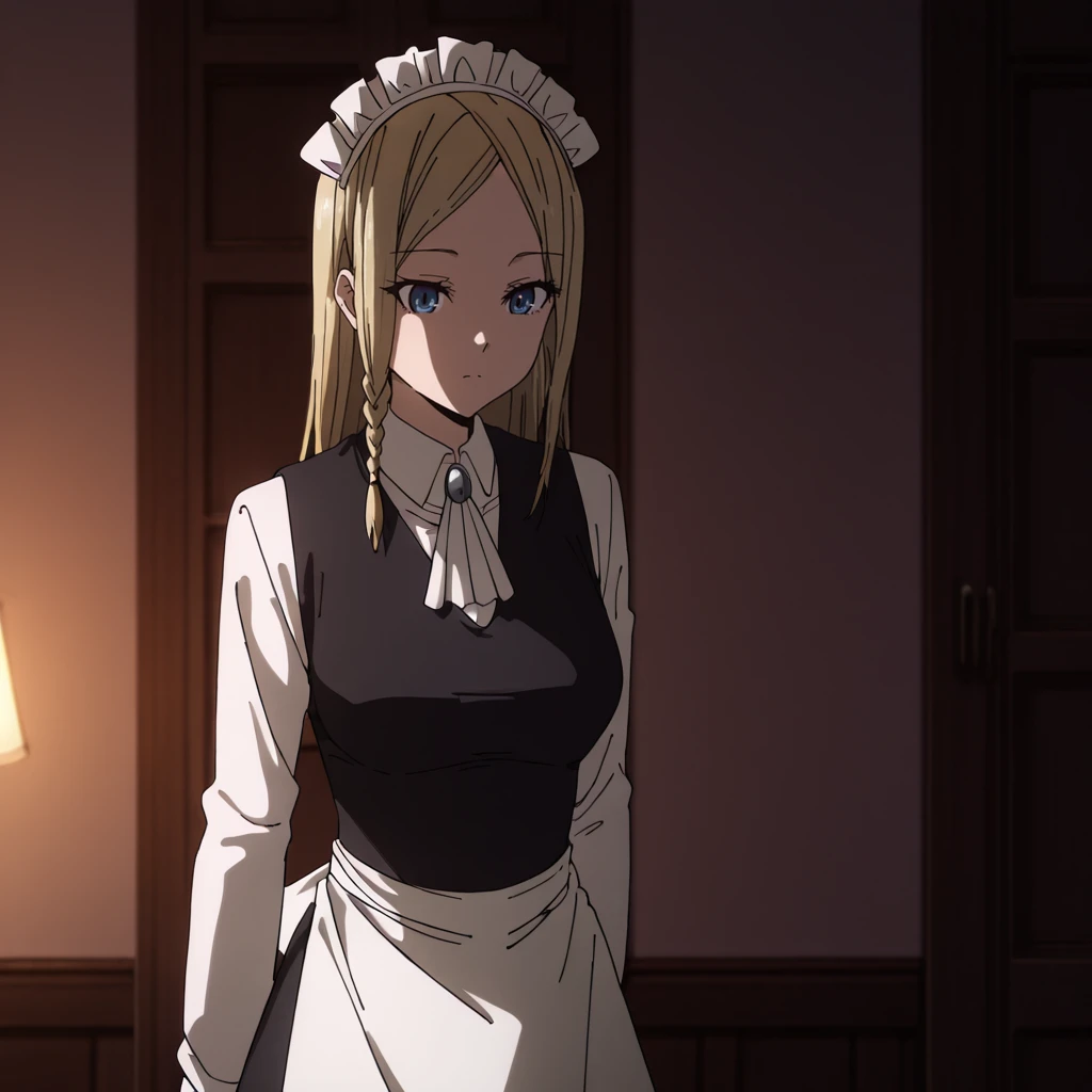 <lora:Hayasaka_illustrious_v1:1> HayasakaMaid2, 1girl, blonde hair, maid headdress, blue eyes, waist apron, braid, long hair, white shirt, long sleeves, ascot, parted bangs, white apron, collared shirt, medium breasts, black dress, maid apron, vest, cowboy shot
