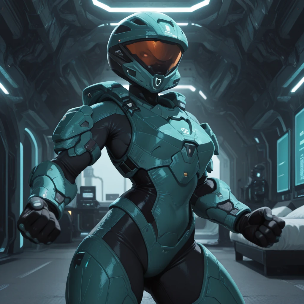 (wamudraws:0.3), <lora:ck-Sommo-Concept-Art-IL:0.7>, masterpiece, best quality, amazing quality, very aesthetic, high resolution, ultra-detailed, absurdres, newest, scenery, {Prompt}, BREAK, detailed background, depth of field, volumetric lighting, futuristic facility, masterpiece, best quality, <lora:agentcarolinav3-000003:0.8>, carolina, teal armor, black techsuit, helmet, arm armor, fighting stance, chest armor, visor, arm armor, standing, cowboy shot, posing, bedroom,