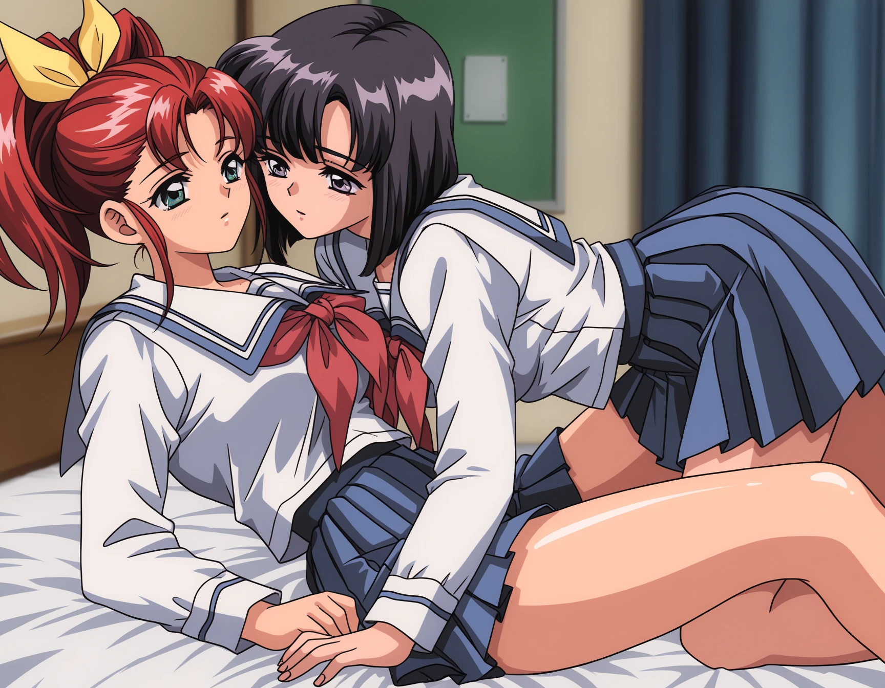 2girls, yuri, 
<lora:Fujino_Mie__Fujino_Manami_Kizuna_Illustrious:0.7>, 
fujino manami, large breasts, aqua eyes, green eyes, red hair, high ponytail, ponytail, bangs, forehead, long sidelocks, hair bow, hair ribbon, yellow ribbon, 
fujino mie, large breasts, purple eyes, black hair, medium hair, bobcut, bangs, 
gym shirt, black buruma, 
bedroom, on bed, 
general, sensitive
masterpiece, absurdres, 8k wallpaper, newest, (anime coloring:1.2),
