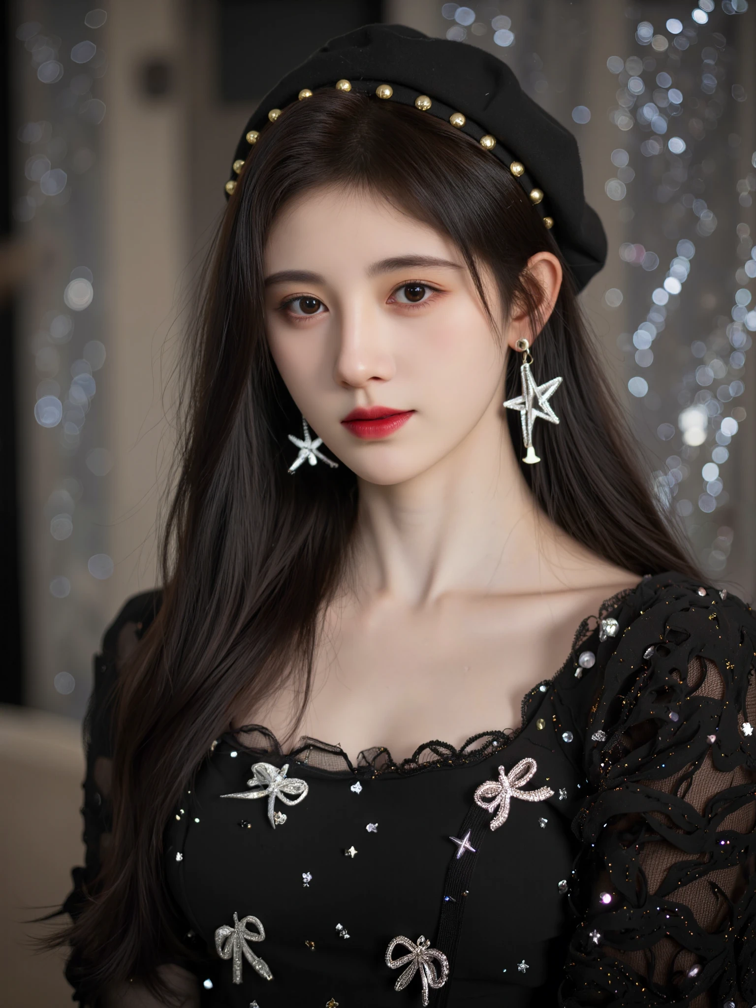 This is a high-resolution photograph of a young woman with fair skin, long black hair, and striking red lipstick. She is wearing a black beret with gold studs, a black dress adorned with silver bows, and dangling star earrings. The lighting is soft, highlighting her delicate features and the textures of her clothing. The background is blurred, with a mix of metallic and soft tones, creating a sophisticated, elegant atmosphere. The image uses the rule of thirds, with her face positioned in the upper third, drawing focus to her expressive eyes and poised demeanor. The camera angle is slightly above eye level, enhancing her presence and creating a sense of intimacy.