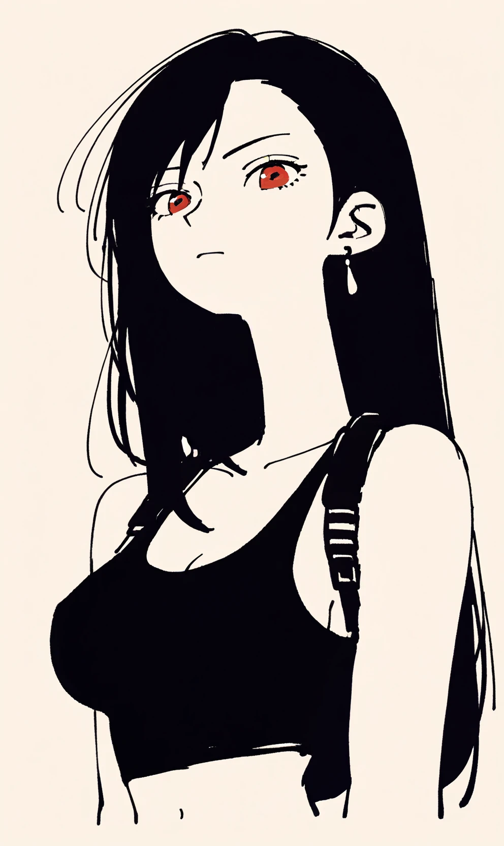 Score_9, score_8_up, score_7_up, score_6_up, score_5_up, score_4_up, a woman with a dark hair wearing a tank top and black bra, 1girl, solo, monochrome, greyscale, long hair, jewelry, crop top, earrings, tifa lockhart, upper body, simple background