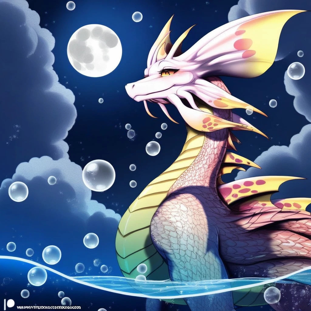 Mizutsune, no humans, moon, scales, sky, full moon, web address, bubble, night, watermark, solo, dragon, water, cloud, tail, star (sky)