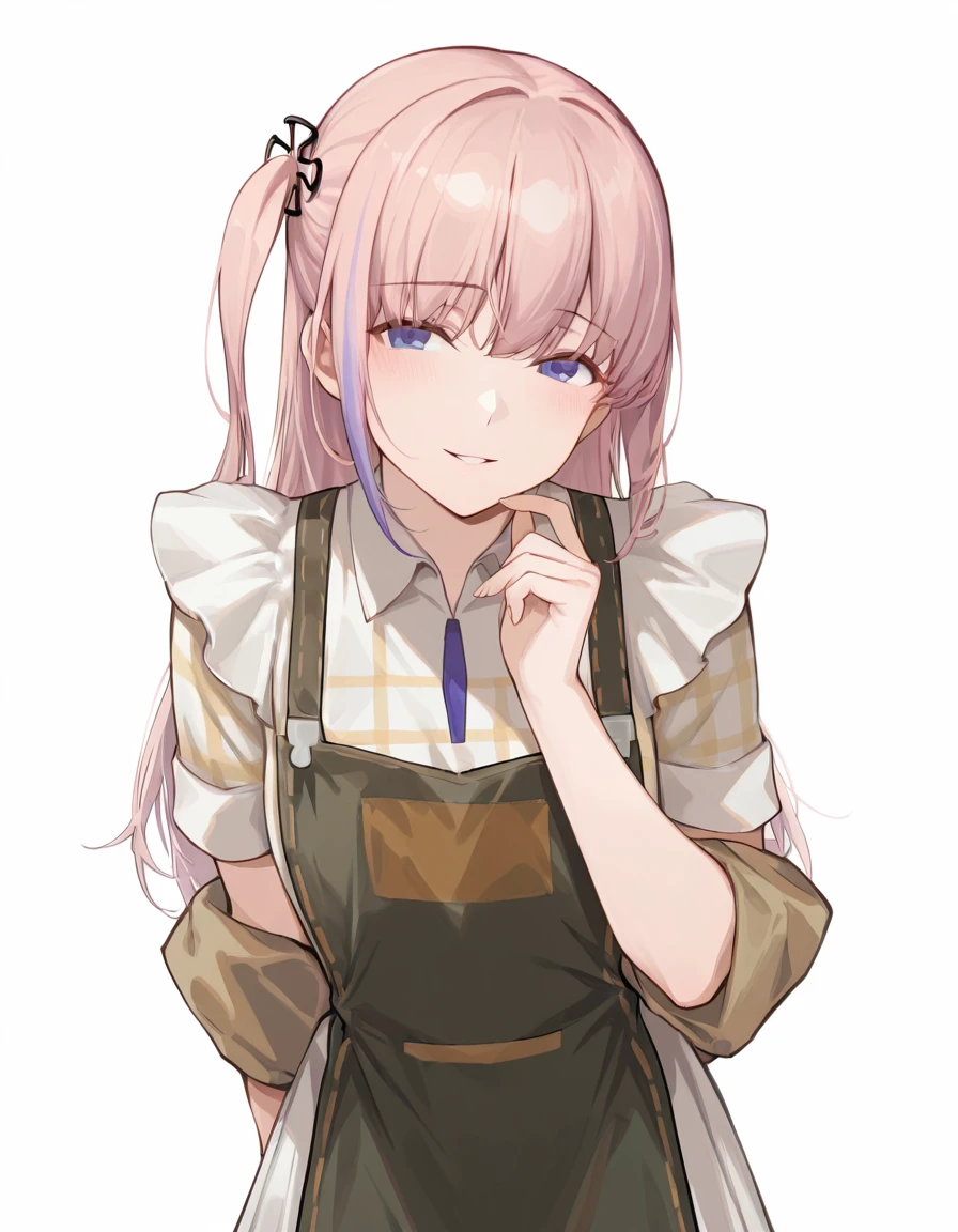 Volumetric Lighting, (masterpiece), (best quality), (ultra-detailed), masterpiece, source_anime, score_9, score_8_up, score_7_up BREAK, illustration, disheveled hair, detailed eyes, perfect composition, moist skin, intricate details, detailed eyes, detailed face, detailed fingers BREAK, blue eyes, pink hair, one side up,streaked hair,long hair BREAK, OwlLatte, OwL_shirt,OwL_off-shoulder_jacket, OwL_apron, AR15_hair_ornament, OwL_skirt, BREAK, ((white background)), looking at viewer, smile, ((hand up)), parted lips,standing, from side