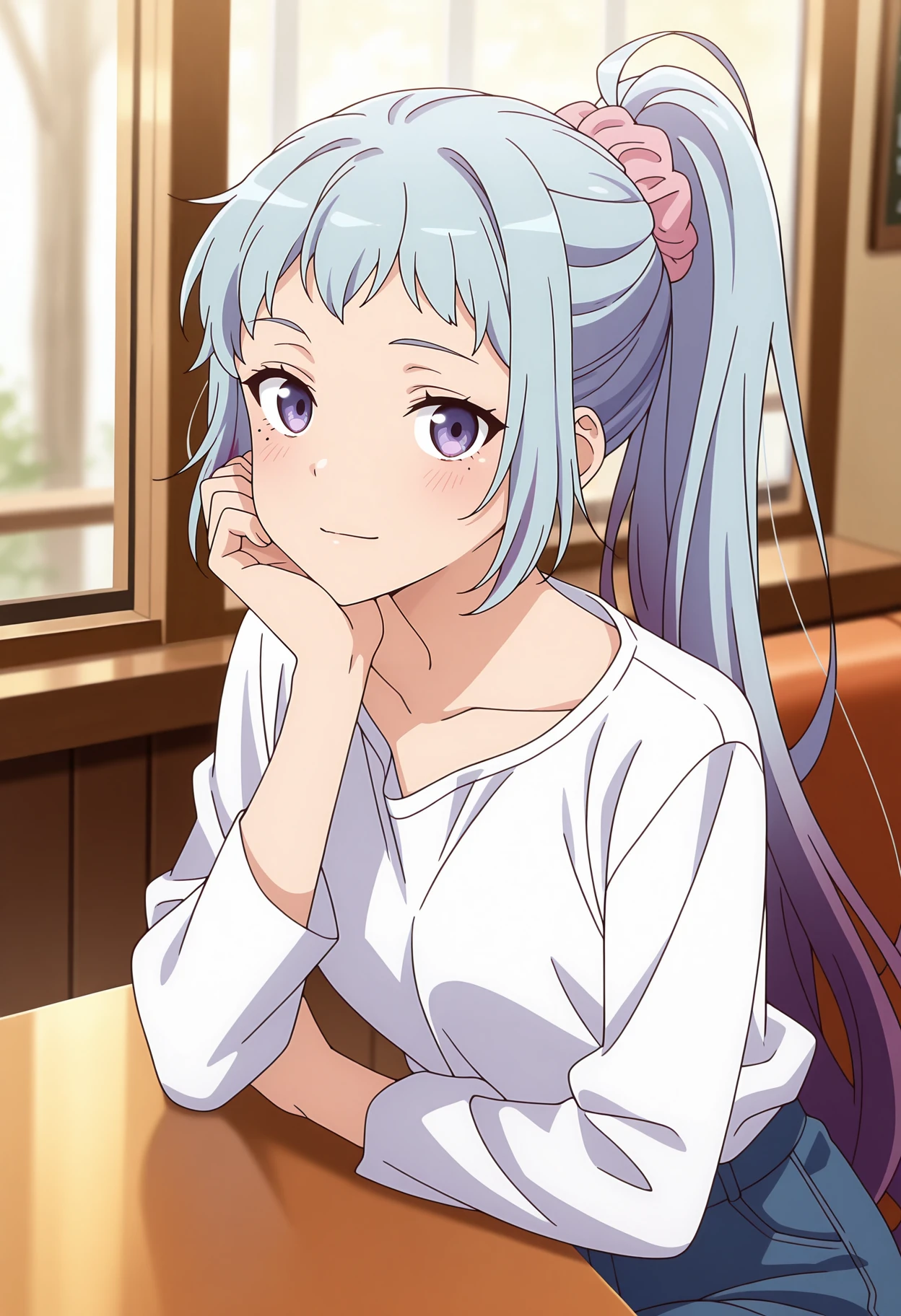 anime screencap, masterpiece, best quality,
<lora:YahariOreNoSeishunLoveComedy_KawasakiSaki_IlluXL:0.9>,
1girl, solo, closed mouth, blush, light smile,
high ponytail, long hair, multicolored hair, light blue hair, purple hair, purple eyes, mole under eye, hair scrunchie, pink scrunchie,
SakiCasual, white shirt, collarbone, long sleeves, blue pants,
head rest,
sitting, looking at viewer,
cafe, indoors, blurry background