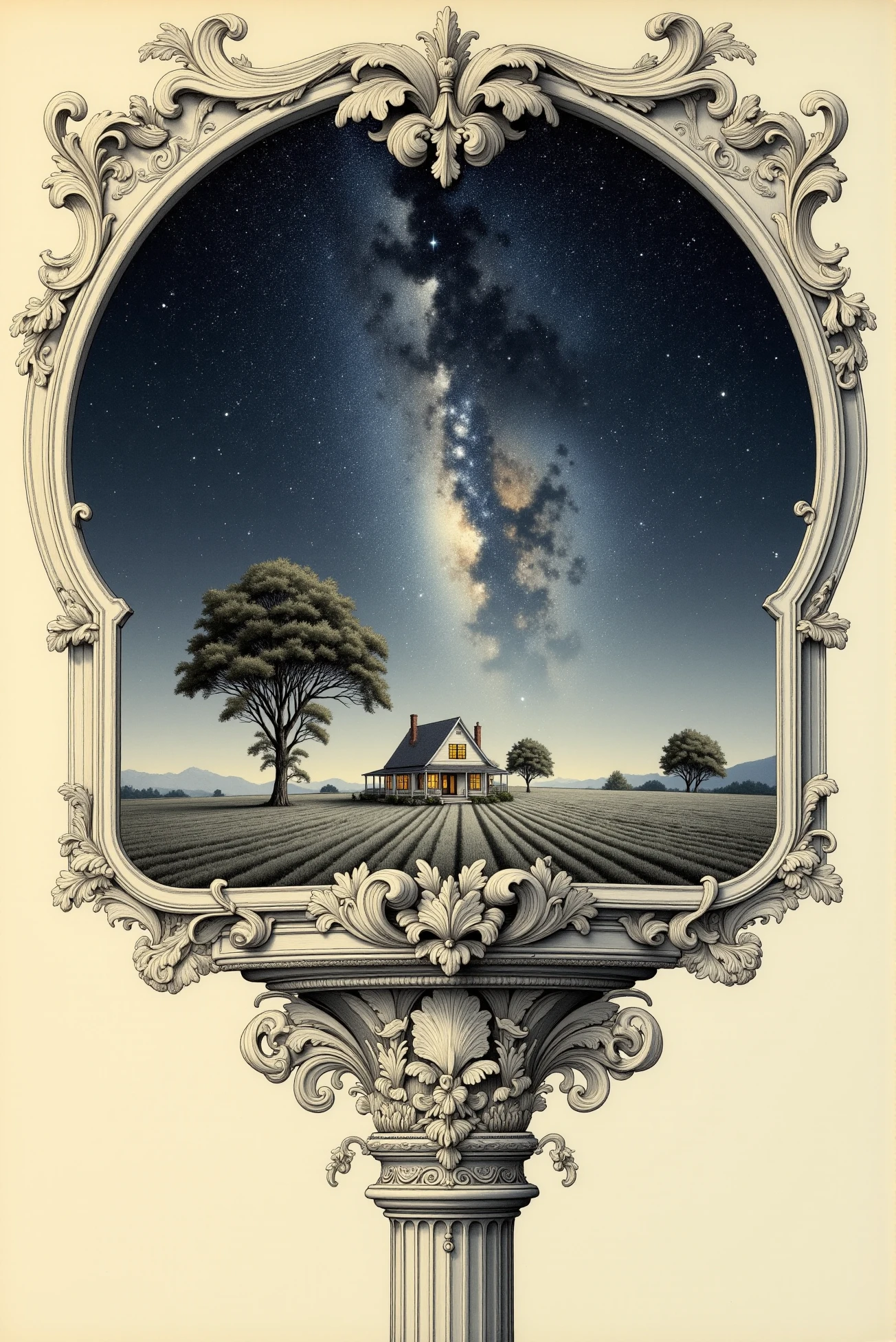 <lora:Vintage_sketch_style_v.1:0.8> VintageSketch style. This serene, breathtaking image depicts a vast night sky filled with stars, stretching infinitely across the horizon. The Milky Way is prominently visible, its shimmering cosmic dust creating a luminous river of light amidst the deep blacks and midnight blues of the sky. Tiny pinpricks of starlight scatter across the entire scene, with the occasional shooting star streaking through the vastness, adding a sense of quiet wonder and awe. In the foreground, a solitary house sits in an expansive, open field, its windows softly glowing with warm light. The contrast between the cozy, illuminated home and the infinite darkness above creates a striking yet peaceful balance. The surrounding landscape is composed of neatly tended rows of grass or crops, bathed in gentle moonlight that casts subtle shadows across the ground. A few large trees stand silently around the house, adding to the sense of solitude and tranquility. The use of monochromatic tones, with delicate hints of blue and silver, gives the image a dreamlike quality, evoking the stillness and beauty of a quiet, starry night. The scene feels contemplative and intimate, capturing the quiet majesty of the universe while grounding it in the warmth and familiarity of a home nestled within the endless cosmos. It invites reflection and a deep sense of calm, where the vastness of space meets the intimate comfort of the earth below.