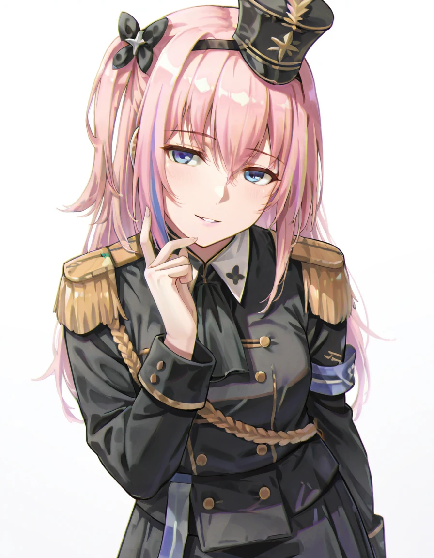 Volumetric Lighting, (masterpiece), (best quality), (ultra-detailed), masterpiece, source_anime, score_9, score_8_up, score_7_up BREAK, illustration, disheveled hair, detailed eyes, perfect composition, moist skin, intricate details, detailed eyes, detailed face, detailed fingers BREAK, STAR15, blue eyes, pink hair, one side up,streaked hair,long hair BREAK, BreezeOnASpringDay, BOSD_hairband, BOSD_hair_bow, BOSD_shako_cap, BOSD_epaulettes, BOSD_uniform, BOSD_dress BREAK, ((white background)), looking at viewer, smile,standing, hand on side, parted lips,1girl, solo