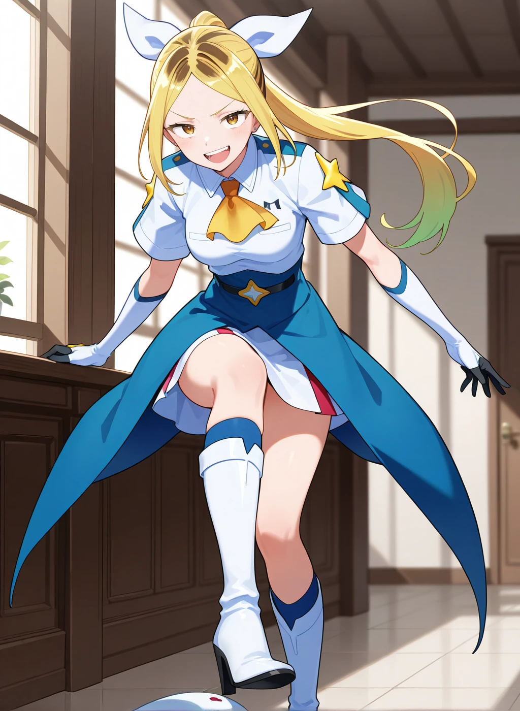 High quality,Ultra detailed,best quality,insanely detailed,beautiful,perfect lighting,masterpiece,highres,absurdres,very aesthetic,very awa,sensitive BREAK
<lora:koshigaya_hitomi_V1_IL:1>,(koshigaya hitomi, kabushikigaisya magilumiere, blonde hair, long hair, brown eyes, earrings,medium breasts,two-tone hair ),( ponytail, hair ribbon, magical girl, gloves, star (symbol), skirt, shirt,ascot,elbow gloves,white gloves,black gloves,short sleeves,white footwear,knee boots,high heel boots),1girl,solo,laughing,looking_at_viewer,posing,indoors,day,sanpaku,