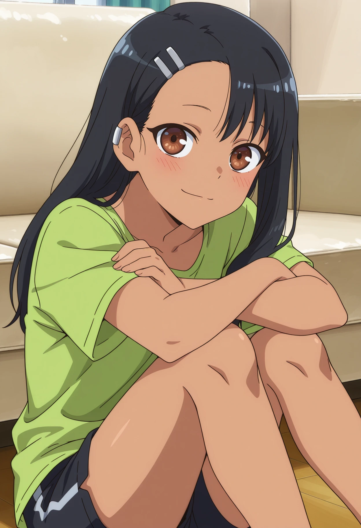 anime screencap, masterpiece, best quality,
<lora:IjiranaideNagatoro_Nagatoro_IlluXL:0.9>,
1girl, solo, closed mouth, light smile, light blush,
dark skin, long hair, black hair, asymmetrical hair, brown eyes, hairclip, earclip,
NagatoroHome, t-shirt, green shirt, short sleeves, black shorts,
head rest, crossed arms, sitting, on floor, looking at viewer,
indoors, couch