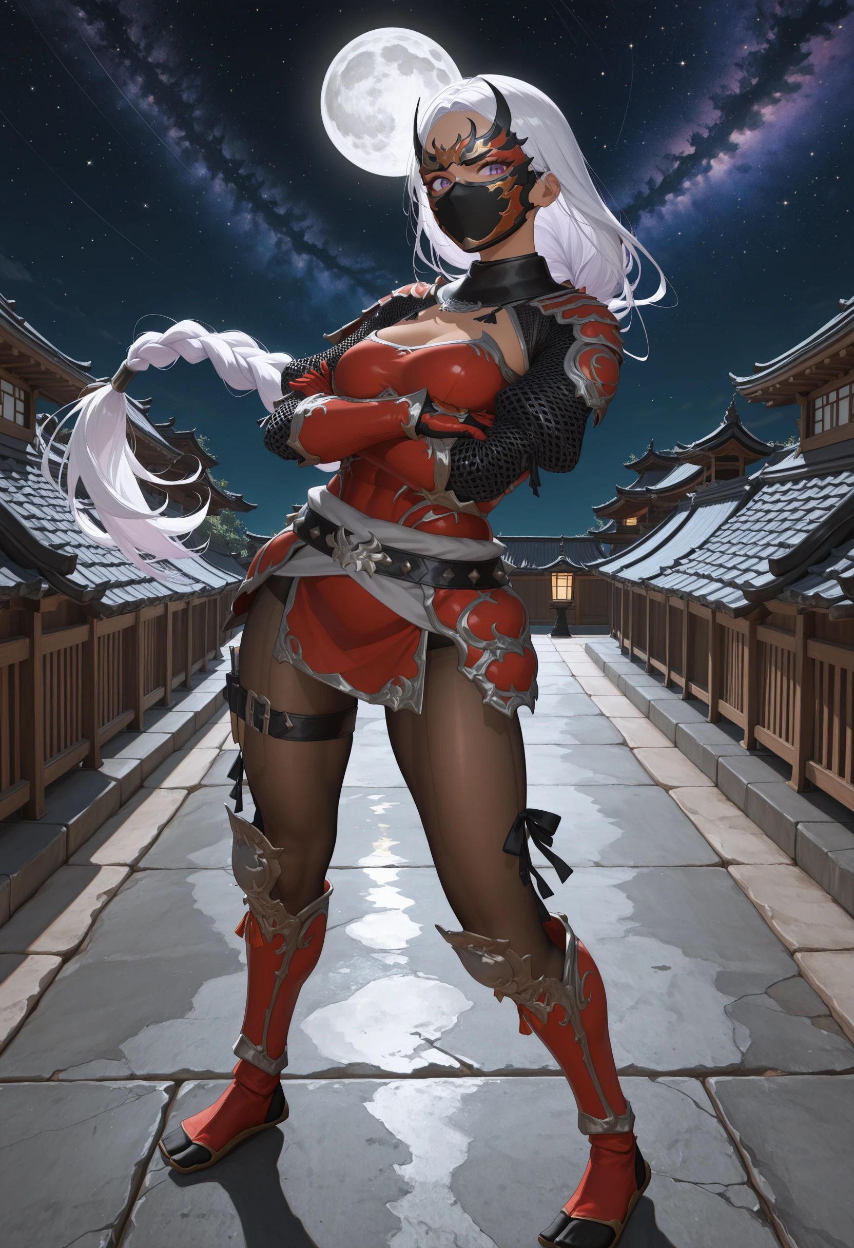 Beautiful girl with long black straight hair and big breasts，Black full-body bodysuit，slim figure，tall，Purple Japanese armor，Thin legs，Straw sandals，warrior