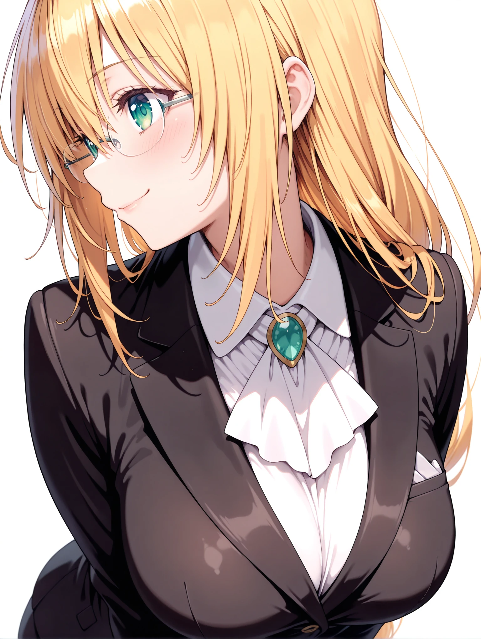 masterpiece,best quality,newest,
1girl,solo,
<lora:Tearju_ilxl_v1:1>,Tearju,blonde hair,green eyes,t_glasses,rimless glasses,t_clothes,white collared shirt,black jacket,
<lora:Fixhands_anime_bdsqlsz_V1:1>,light_blush,looking_at_viewer,white_background,simple_background,smile,face_focus,standing,upper_body,profile,