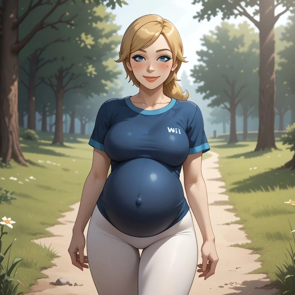 masterpiece, best_quality, 1girl, solo, gardevoir, pokemon \(creature\), blue hair, in a park, park, movie lighting, night, it's night, midnight, standing by a tree, holding on to the tree, casual clothes, short mangs black blouse, low-cut blouse, medium breasts, medium breasts, sweatpants, gray pants, full body, sneakers, pregnant. Red eyes, detailed eyes. Sighing, feeling pain, look of pain, one hand against a tree, another in the lower abdomen.