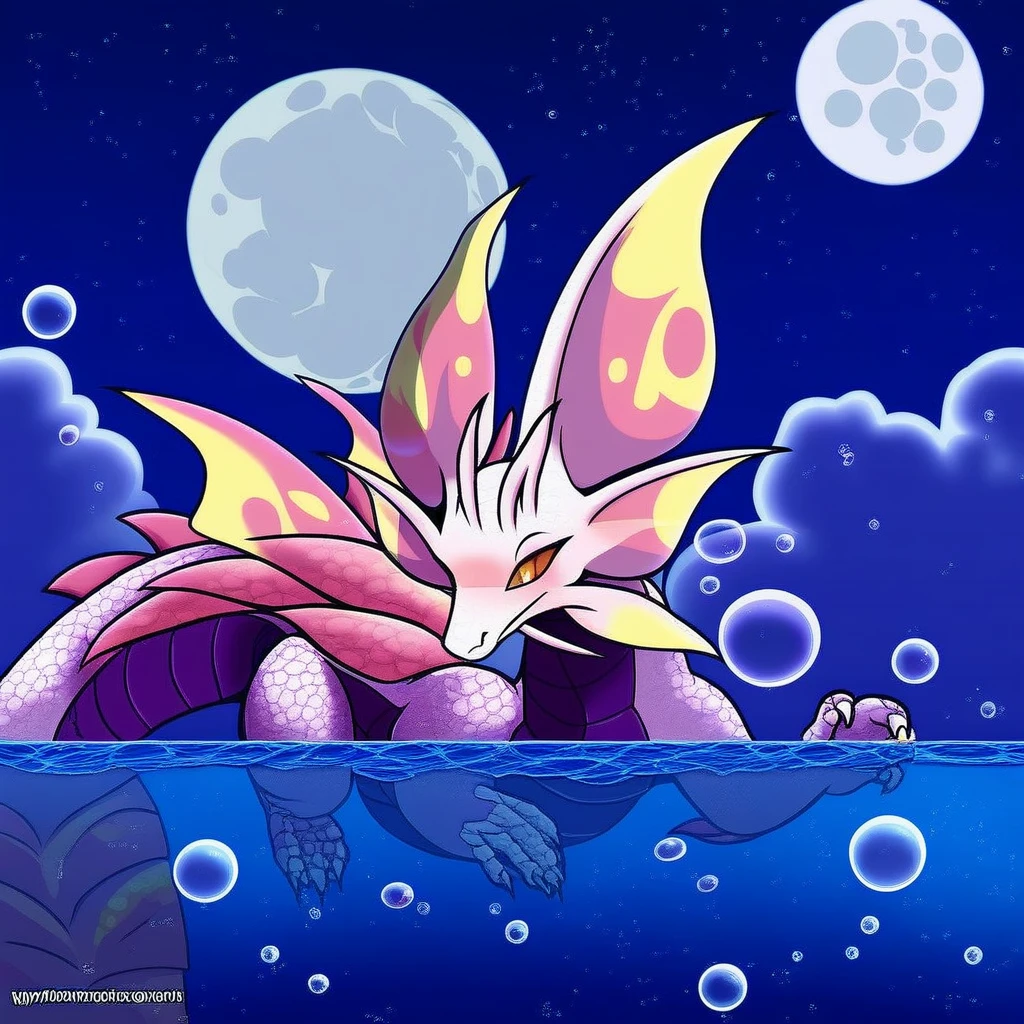 Mizutsune, no humans, moon, scales, sky, full moon, web address, bubble, night, watermark, solo, dragon, water, cloud, tail, star (sky)
