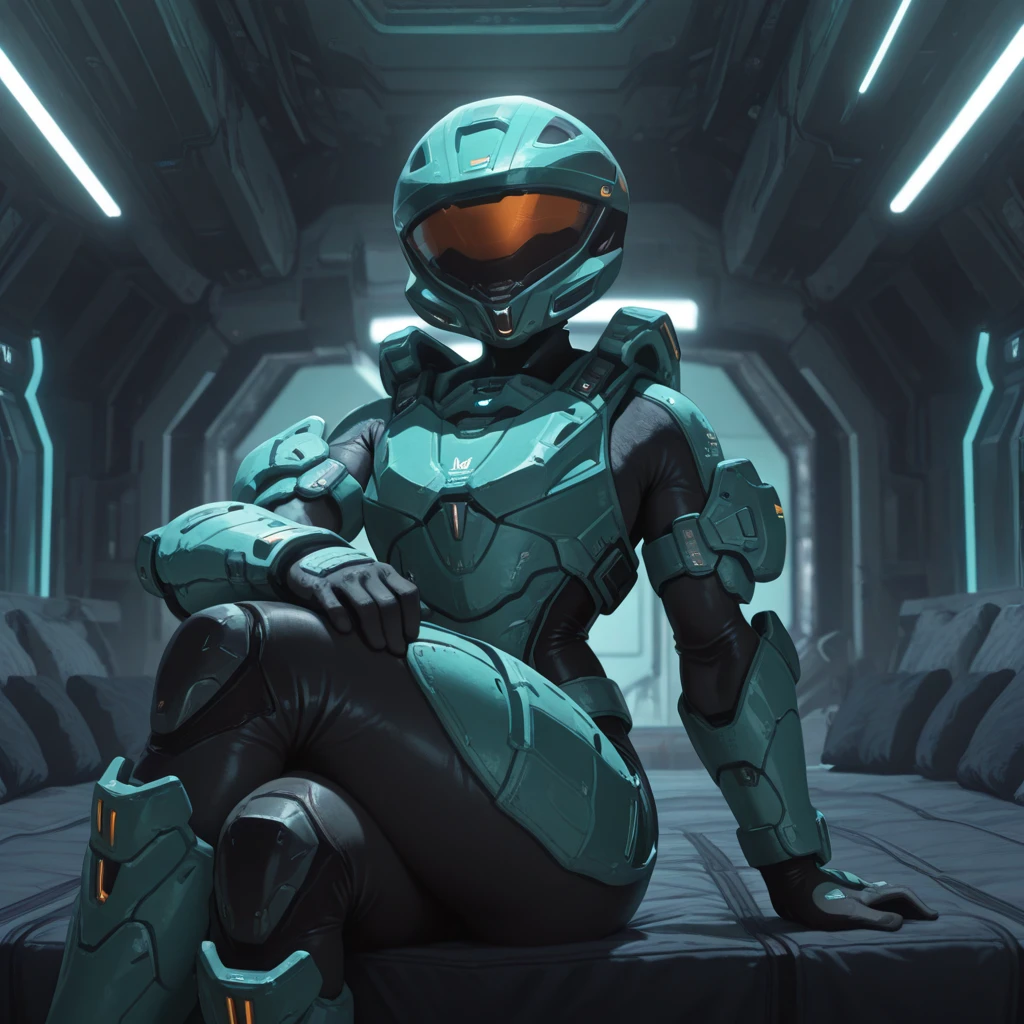 (wamudraws:0.3), <lora:ck-Sommo-Concept-Art-IL:0.7>, masterpiece, best quality, amazing quality, very aesthetic, high resolution, ultra-detailed, absurdres, newest, scenery, {Prompt}, BREAK, detailed background, depth of field, volumetric lighting, futuristic facility, masterpiece, best quality, <lora:agentcarolinav3-000003:0.8>, carolina, faceless, eyeless, teal armor, black techsuit, helmet, arm armor leg armor, sitting, legs crossed, chest armor, visor, arm armor, cowboy shot, posing, bedroom,