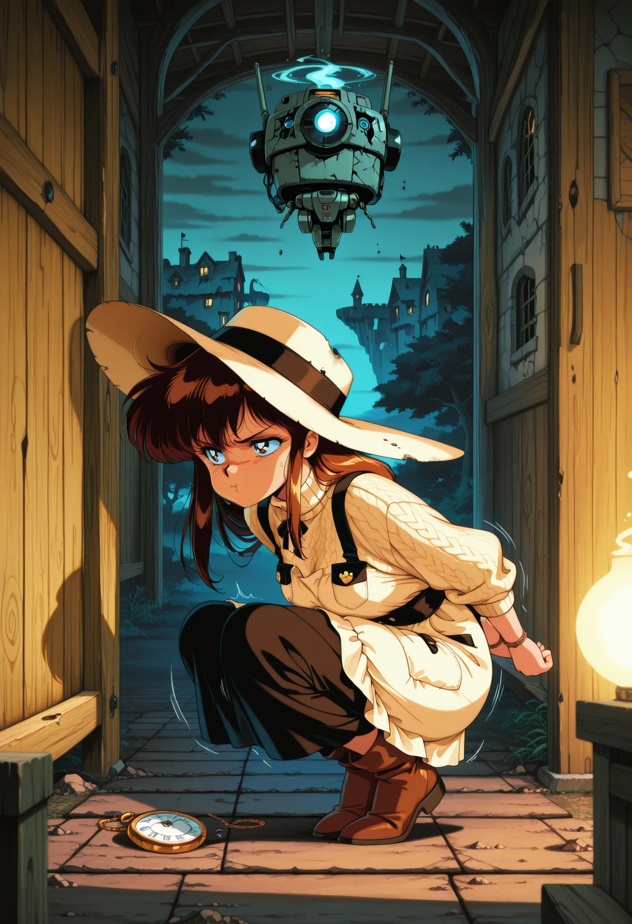 masterpiece,best quality,amazing quality,absurdres, modernretroanime, 1girl, solo, retro artstyle, Side View, Pocket watch, Crumbling abandoned mansion, Warm festival night lights, Thick wool sweater with rolled-up sleeves, Crouching, ready for a fight, Handmade friendship bracelet, Quiet countryside road with wooden fences, Resting against a tree with arms folded, Café Maid, Accidentally turning off the lights in a room full of people, Pouting lips, Grumpy veteran with a heart of gold, Mystical floating island, Casual summer dress with a wide-brimmed hat, leaning playfully, hands behind back, Mechanical pocket robot