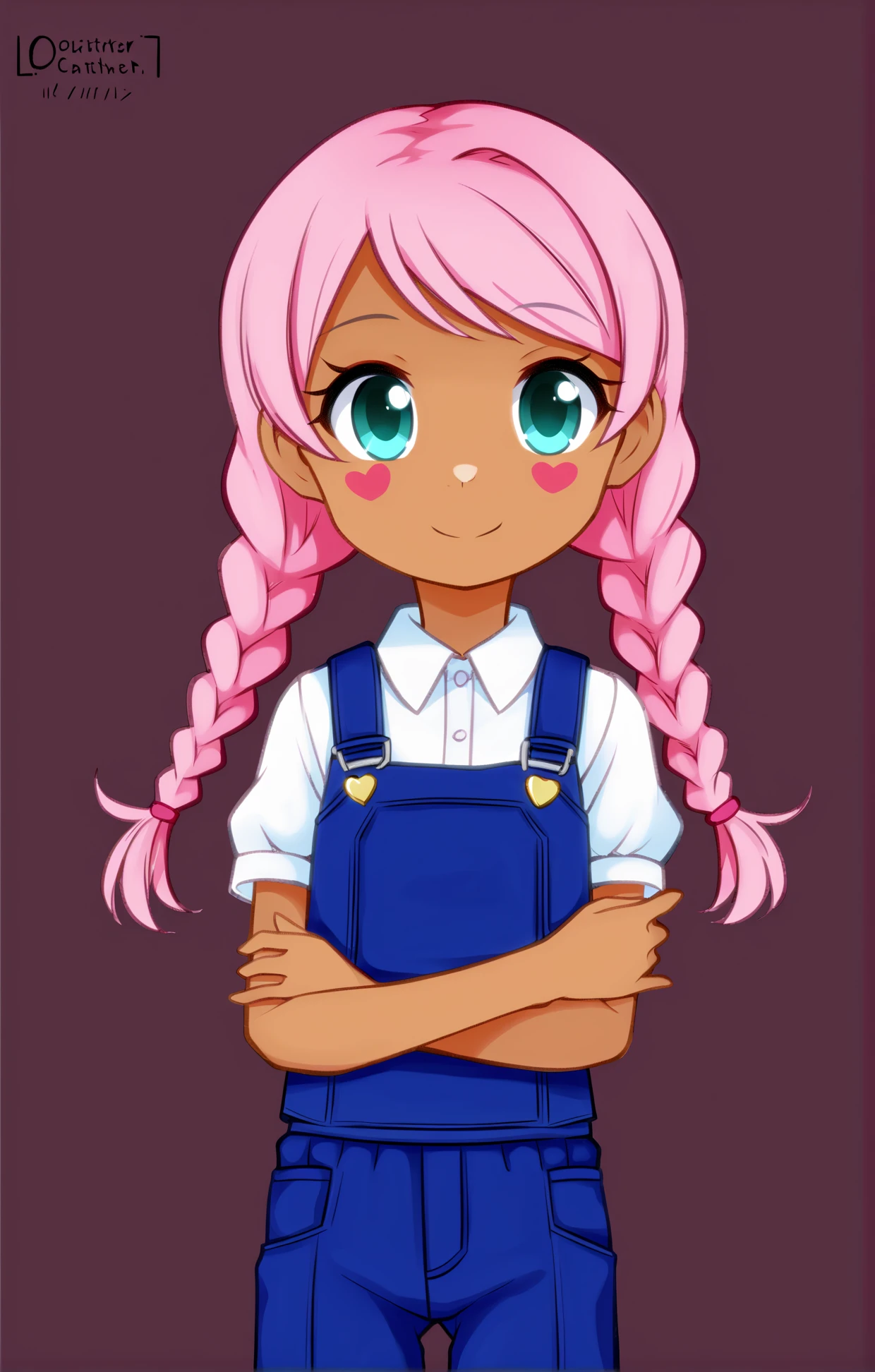 high quality, solo, 1girl, masterpiece, ((young)), (((cute))), (short), (((petite))), (short torso), hair: pink , long braids , tan , (smiling), (cute outfit), handfixer, , <lora:Oozutsu_Cannon_Style-000013:1>,<lora:Pony_QualityV4.0:2>,<lora:HandFixer_pdxl_Incrs_v1:0.2>