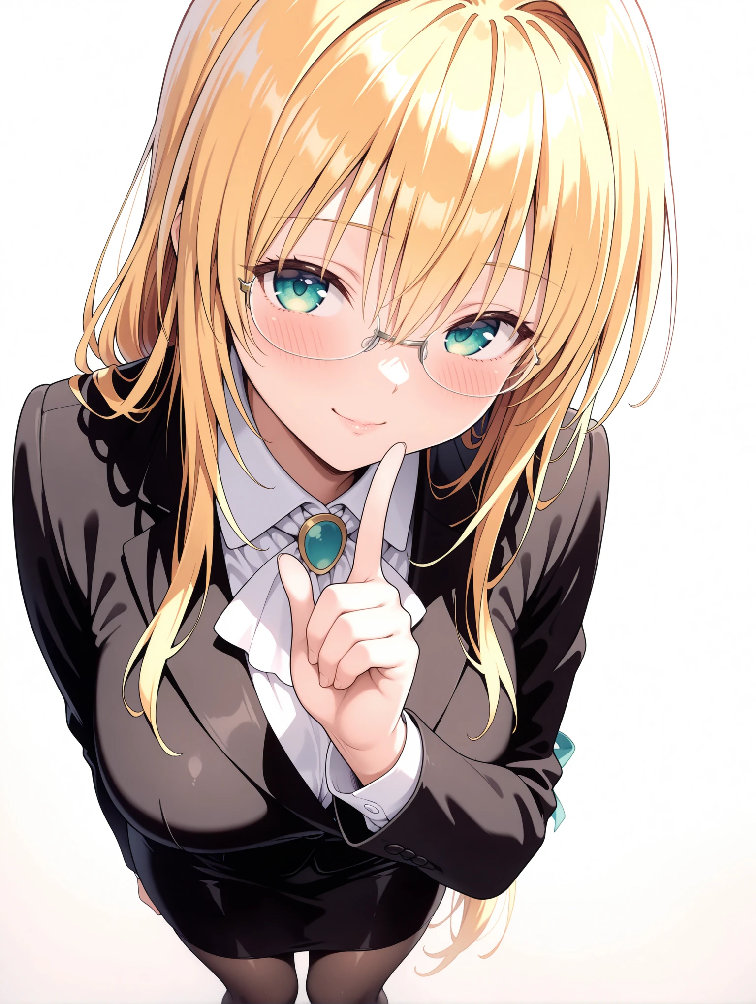 masterpiece,best quality,newest,
1girl,solo,
<lora:Tearju_ilxl_v1:1>,Tearju,t_glasses,rimless glasses,t_clothes,white collared shirt,black jacket,black skirt suit,pantyhose,
<lora:Fixhands_anime_bdsqlsz_V1:1>,seductive_smile,white background,simple_background,standing,upper_body,profile,looking_at_viewer,shushing,one eye closed,light_blush,shy,