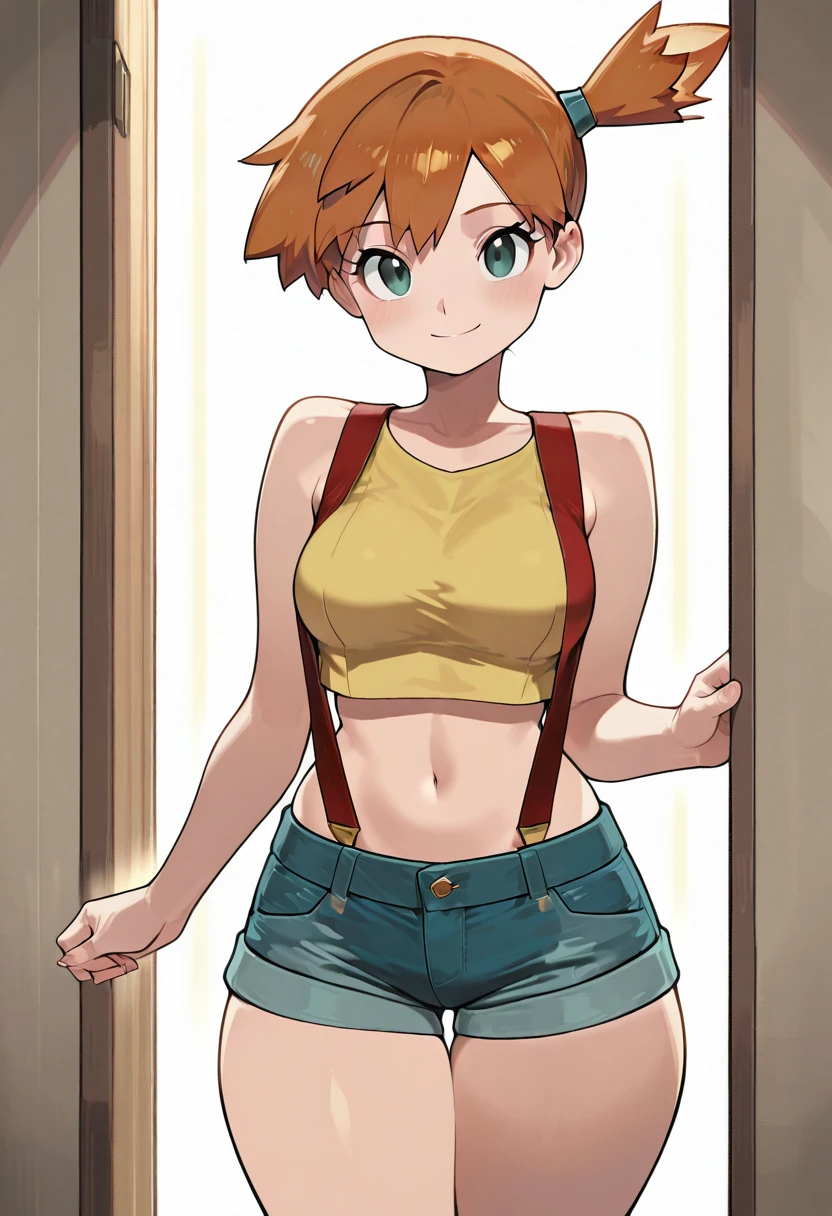 masterpiece, best quality, medium breasts, (curvy),   BREAK, zzMisty, green eyes, orange hair, short hair, side ponytail, shorts, suspenders, midriff, yellow crop top, navel, denim shorts, <lora:MistyPokemonIXL:1.0>,smile, looking at viewer, cowboy shot,    <lora:NyxLoveStyle_IXL:1.0>,