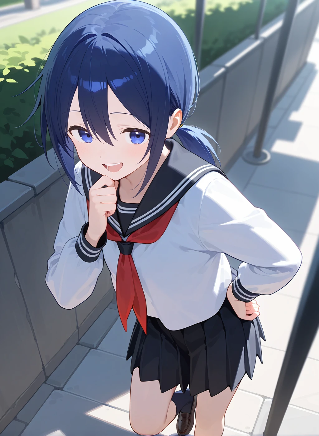 High quality,Ultra detailed,best quality,insanely detailed,beautiful,perfect lighting,masterpiece,highres,absurdres,very aesthetic,very awa,sensitive BREAK
<lora:kudou_hazuki_V1_IL:1>,(kudou hazuki, kubo-san wa mob wo yurusanai, blue hair, long hair, blue eyes, ponytail,short ponytail),(school uniform, serafuku, white shirt, black sailor collar, red neckerchief,pleated skirt),loafers,1girl,solo,laughing,looking_at_viewer,standing,posing,outdoors,