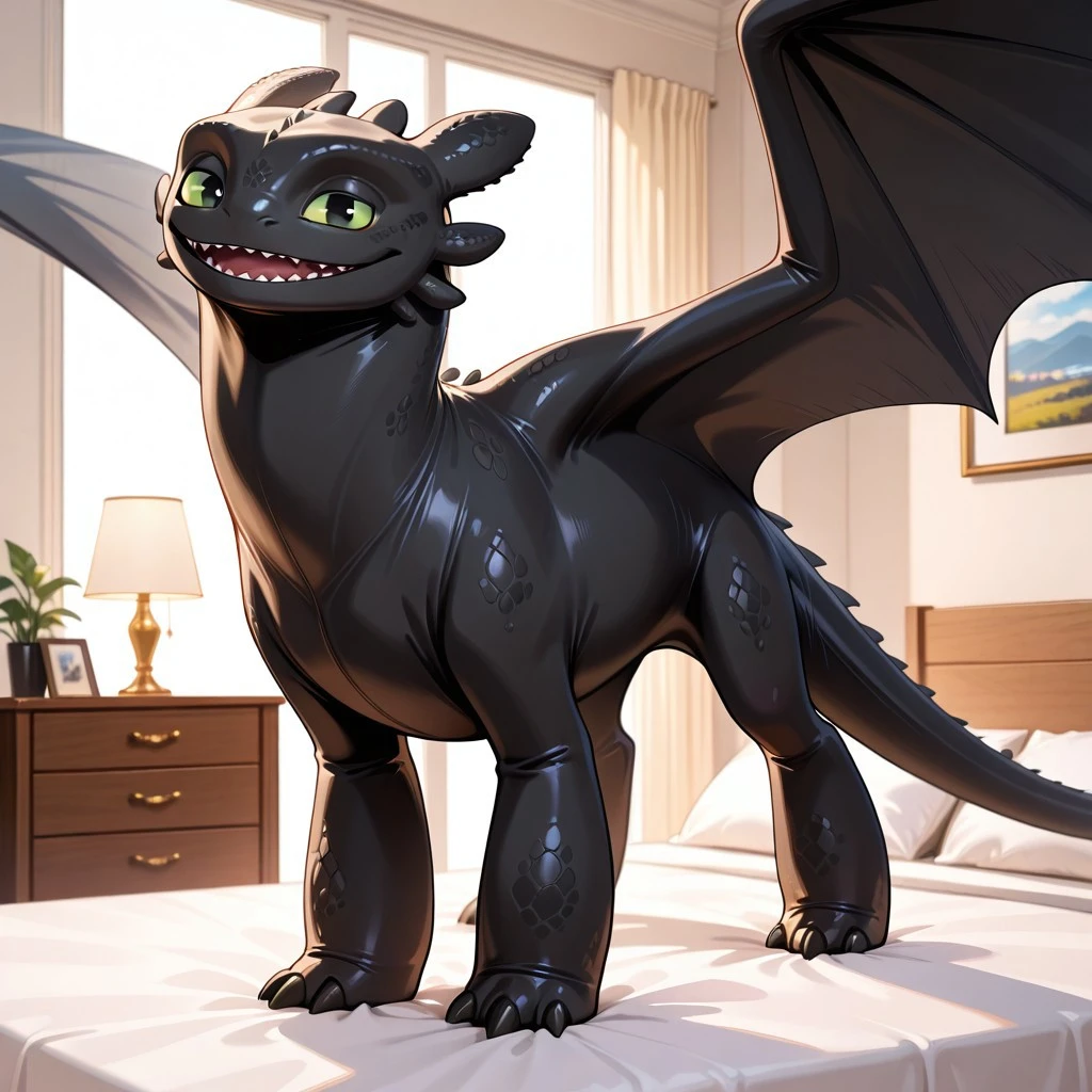 1boy, highres, absurdres, newest, masterpiece, best quality, furry, furry_male, toothless_httyd, dragon, night fury, black scales, wings, tail, claws, green sclera, black pupils, spread wings, (feral, quadruped:1.3), detailed eyes, standing, open_mouth, luxurious detailed room, bright room, day scene, professional lighting, white bed, solo, bedroom, smiling, seductive, looking_at_viewer, masterpiece, safe