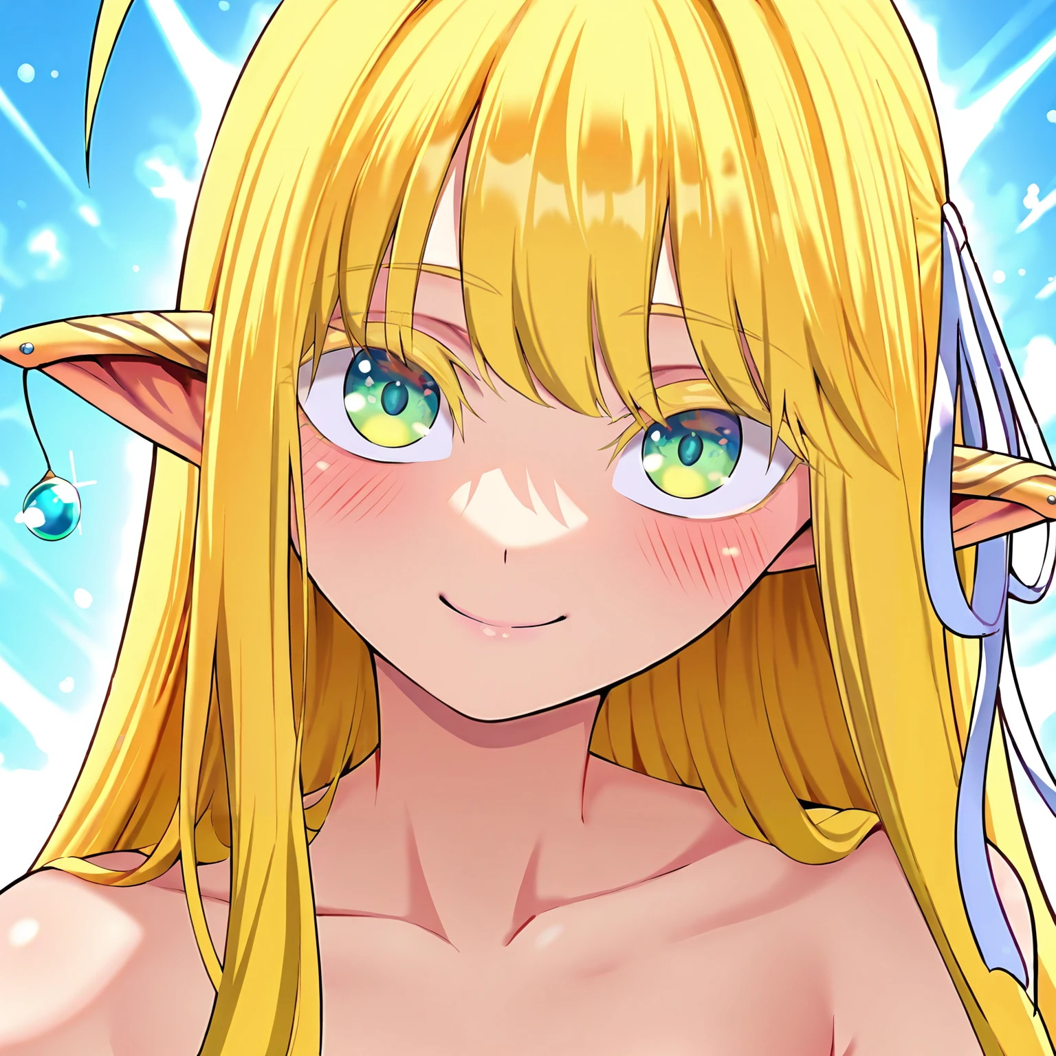 masterpiece, best quality, amazing quality, very aesthetic, absurdres, newest, 1girl, solo girl, cowboy shot, strait on, close op, upper body shot, face close up, nude,
<lora:Tia_Lunaritia_r1:1> Tia, elf, blonde hair, long hair, ahoge, big eyes, pointy ears, green eyes, earrings, tilted head, colored eyelashes, hair ribbon, blush, smile, looking at viewer, collarbone,
masterpiece, best quality, amazing quality, very aesthetic, absurdres, newest