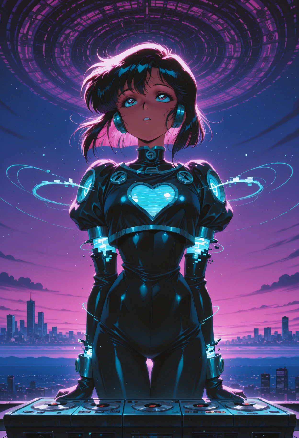 masterpiece,best quality,amazing quality,absurdres, modernretroanime, 1girl, solo, close up:1.2, retro artstyle, vaporwave, futuristic, analog, cassette, glitch, arcade, skyline, night, motion, headlights, anime, aesthetic, nostalgia, speed, silhouette, dusk, retrograde, metropolis, digital, skyline, horizon, backlight, silhouette, haze, contrast, pulse, electric, dream, horizon