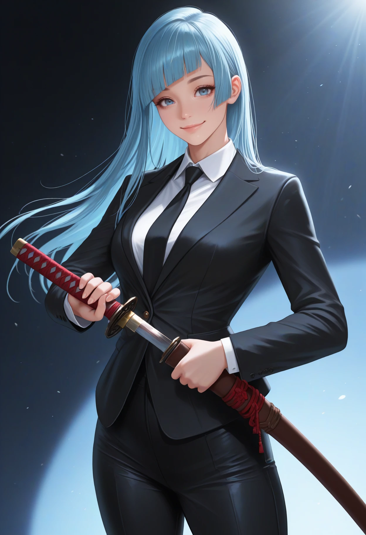 masterpiece, best quality, newest, realistic, solo, 1girl, m1wa, smile, looking at viewer, holding sheath, sheathed, katana, unsheathing, long hair, blue hair, straight hair, blunt bangs, diagonal bangs, blue eyes, black suit, black jacket, suit jacket, long sleeves, white shirt, collared shirt, black necktie, black pants, spotlight
<segment:yolo-Anzhc Face seg 640 v2 y8n.pt,0.4,0.5//cid=1>