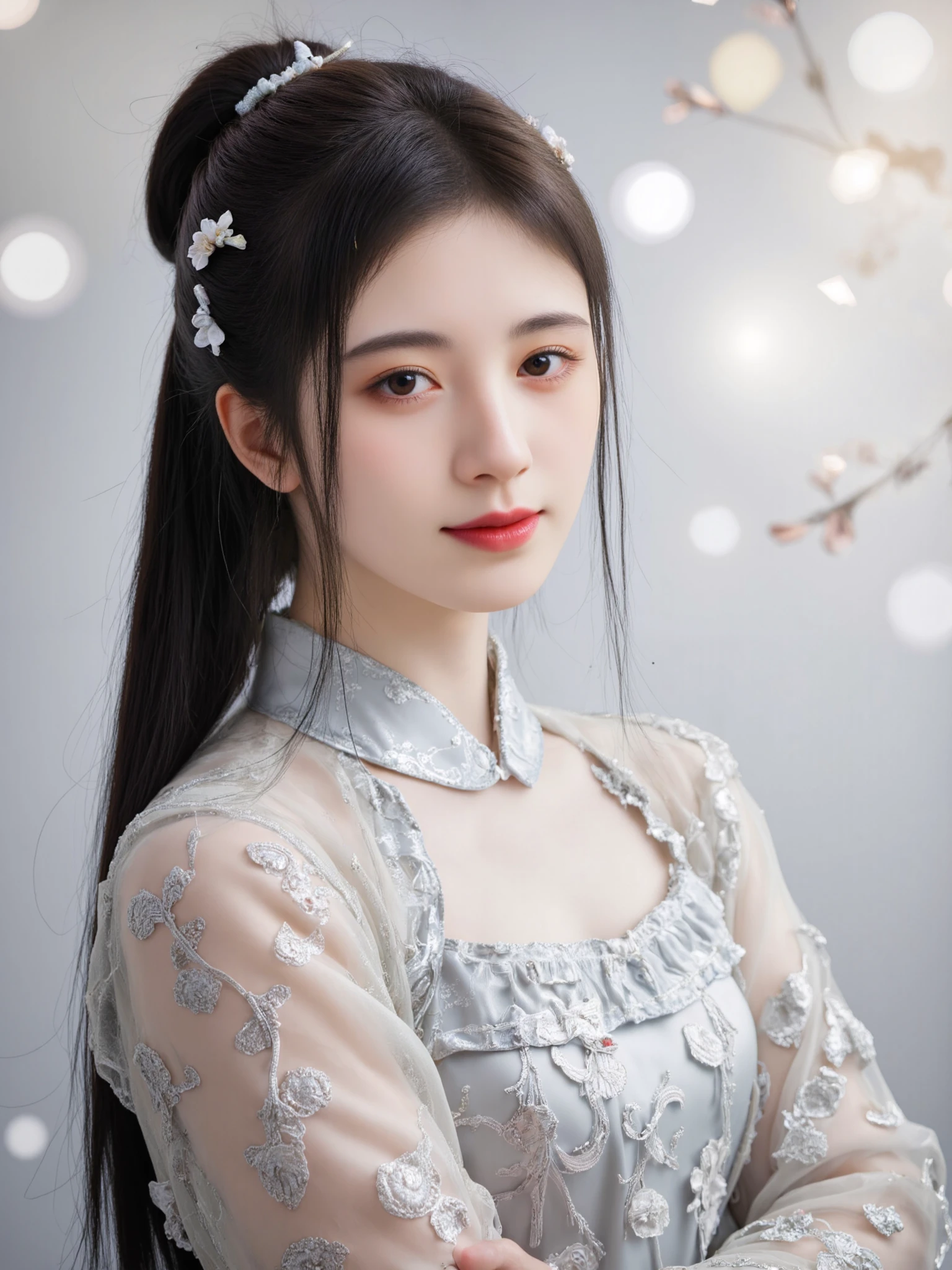This digital painting depicts a young East Asian woman with pale skin and long, straight black hair styled in a traditional updo with hairpins. She has delicate, symmetrical facial features with a small red dot on her forehead, a mark common in East Asian cultures, suggesting she might be of Chinese descent. Her expression is serene, with a slight, closed-mouth smile. She wears a light grey, semi-transparent robe adorned with intricate floral embroidery, indicating a traditional or ceremonial attire. The background is blurred, with soft, diffused lighting that creates a gentle, ethereal ambiance. The composition follows the rule of thirds, with the woman positioned slightly off-center to the right, drawing the viewer's eye directly to her face and upper body. The painting's style is realistic with a touch of idealization, emphasizing her beauty and grace.