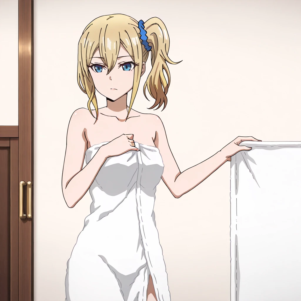 <lora:Hayasaka_illustrious_v1:1>HayasakaTowel, 1girl, naked towel, blue scrunchie, blonde hair, blue eyes, hair scrunchie, side ponytail, hair ornament, hair between eyes, collarbone, bangs, bare shoulders, medium breasts, sidelocks, bare arms, cowboy shot