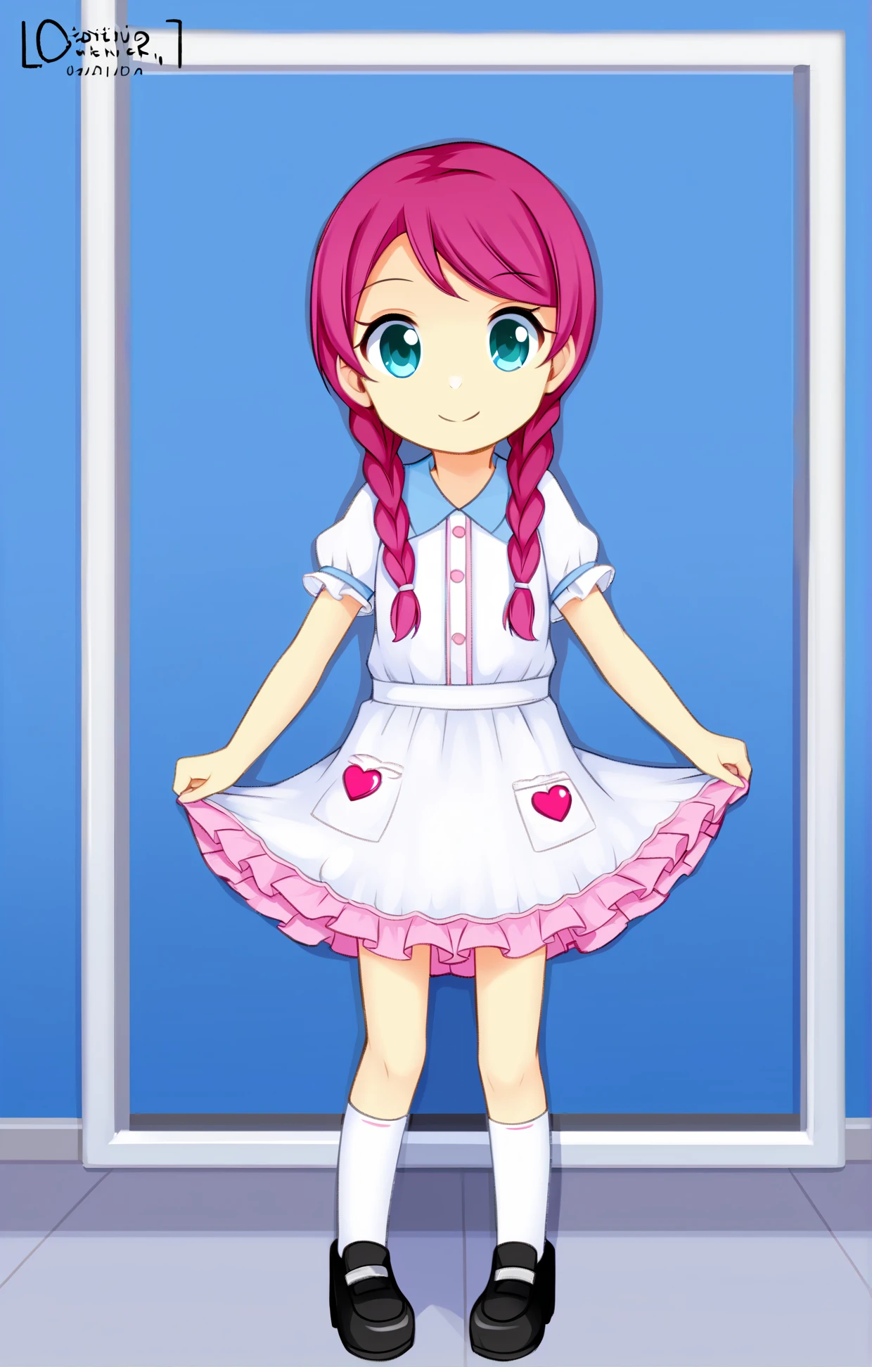 high quality, solo, 1girl, masterpiece, ((young)), (((cute))), (short), (((petite))), (short torso), hair: pink , long braids , dark, (smiling), (cute outfit), handfixer, , <lora:Oozutsu_Cannon_Style-000013:1>,<lora:Pony_QualityV4.0:2>,<lora:HandFixer_pdxl_Incrs_v1:0.2>
