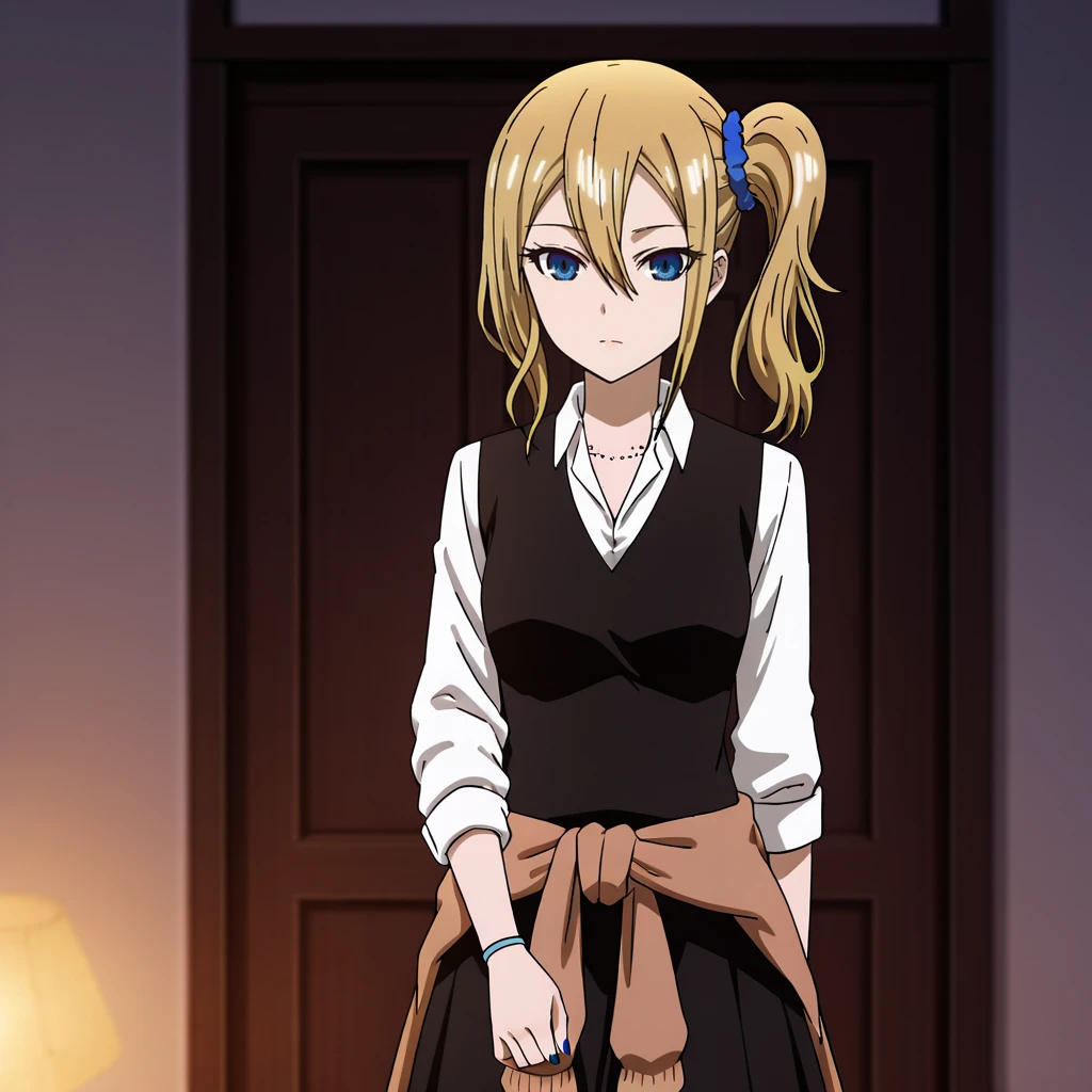 <lora:Hayasaka_illustrious_v1:1> HayasakaSchool, 1girl, hayasaka ai, shuuchiin academy school uniform, blonde hair, blue eyes, hair scrunchie, side ponytail, hair ornament, hair between eyes, blue scrunchie, clothes around waist, jewelry, white shirt, necklace, blue nails, nail polish, collared shirt, sweater around waist, sidelocks, bangs, cardigan, long sleeves, vest, cowboy shot