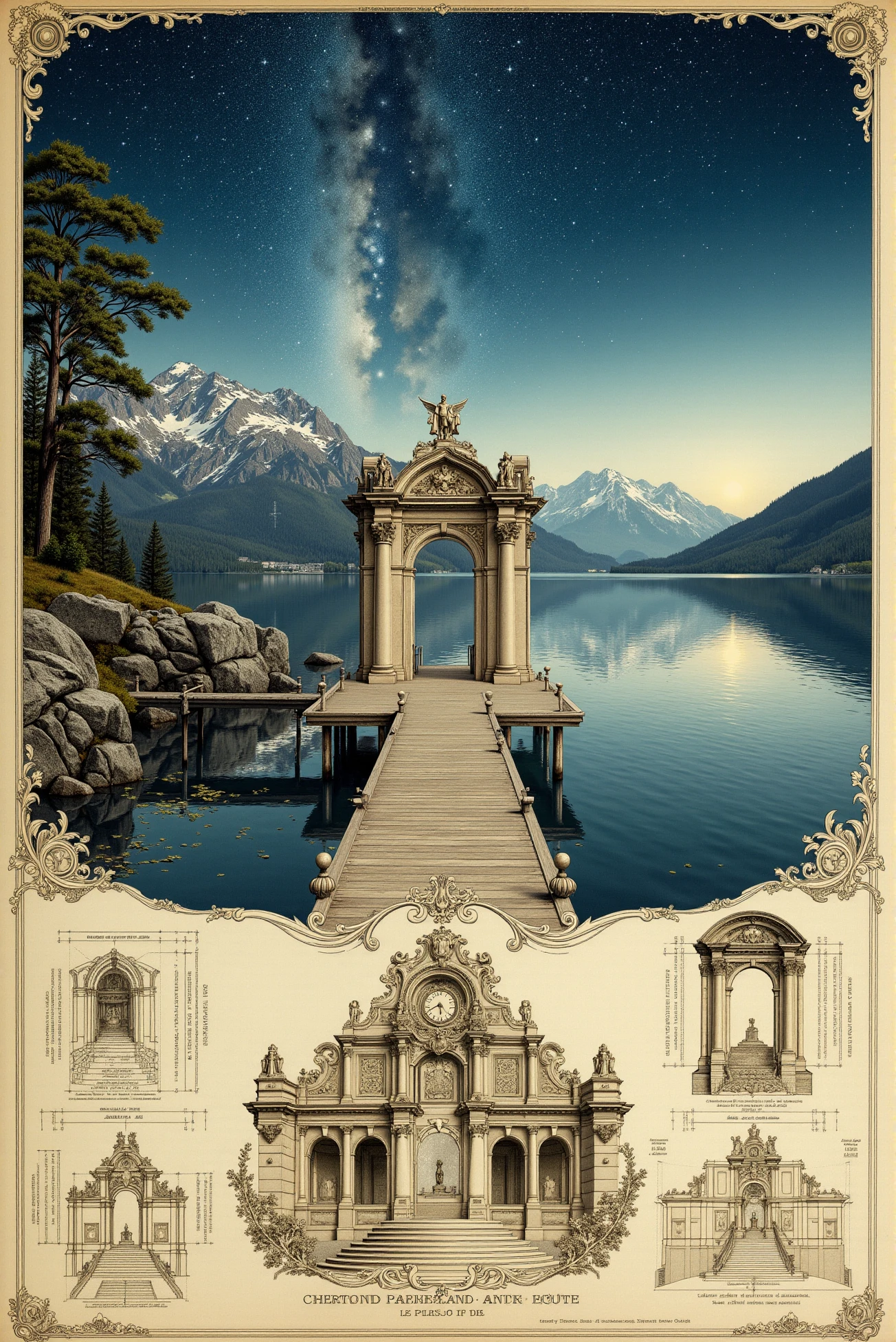 <lora:Vintage_sketch_style_v.1:0.8> VintageSketch style. An intricate vintage design sketch features This breathtaking night time scene portrays a tranquil lakeside setting under a sky filled with stars. The composition draws the eye along the weathered wooden pier that stretches out over the calm water, leading toward a small boathouse on stilts at the far end. The lakeâs surface is smooth and reflective, perfectly mirroring the snow-capped mountains that loom majestically in the background. The contrast between the darkened slopes of the mountains and the bright, snow-covered peaks adds depth and texture to the landscape. Above, the vast, starry sky is brilliantly clear, with countless stars sparkling against a deep blue canvas. The Milky Way is subtly visible, adding an ethereal quality to the sky. The stars reflect softly on the lake, enhancing the sense of stillness and peace that permeates the scene. The distant mountains are bathed in soft moonlight, creating a serene, dreamlike atmosphere that invites quiet contemplation. The overall palette of cool blues, whites, and subtle earth tones lends a soothing and calming mood, emphasizing the beauty and tranquility of nature at night. ( The image is a detailed, hand-drawn architectural illustration of the Palazzo dei Diamanti in Ferrara, Italy, rendered in a classical, detailed style reminiscent of historical engravings or old architectural plans. The drawing is in sepia tones, giving it an antique, aged appearance. The illustration is divided into sections, showcasing the grandeur and ornate details of the palace. The façade is depicted with a central, imposing entrance flanked by two imposing columns. Above the entrance, there's an elaborate tympanum featuring a coat of arms and a clock face. Above the tympanum, the main architectural features include a series of statues, intricate carvings, and a central pediment adorned with a statue. To the sides, additional architectural details and floor plans are illustrated, showing various sections of the palace, including ornate windows, arches, and statues. The illustration also includes a detailed depiction of the palace's grand staircase, leading up to the entrance. The architectural style is Baroque, evident from the ornate detailing, Corinthian columns, and elaborate sculptures. :0.5)