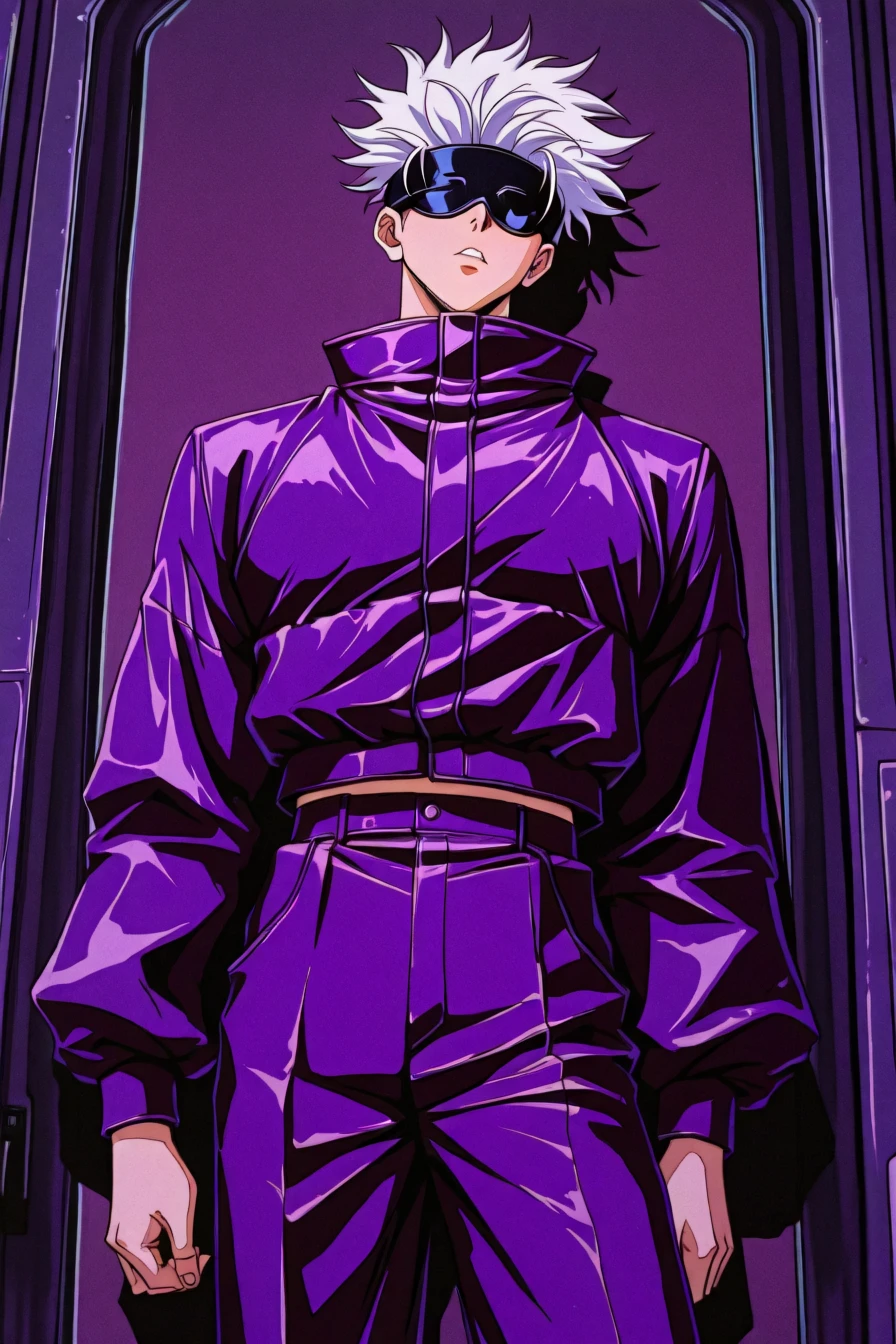 gojou satoru, white hair, purple pants, high collar, blindfold, covered eyes, black blindfold, purple jacket, purple pants, 1boy, solo, alone, <lora:dark_lofi_retro_illustriousXL:1>, dark_lofi_retro, lofi, retro, masterpiece, highres
