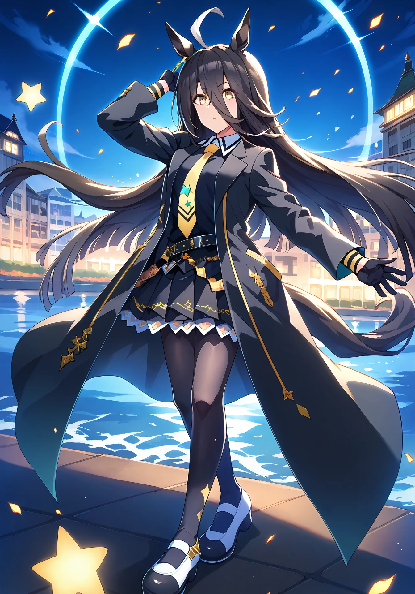 umaofficial,1girl,solo,mcafe,black hair,long hair,white ahoge,yellow eyes,horse girl,
mcblack,black coat,single aqua earring,black shirt,black skirt,black belt,yellow necktie,black choker,black pantyhose,black gloves,white shoes,
dynamic pose,standing,night sky,star,
score_9,score_8_up,score_7_up,source_anime,masterpiece,best quality,highres,amazing quality,<lora:ManhattanCafePonyV1:1>,<lora:UmaOfficialPonyV1.0:0.8>,
