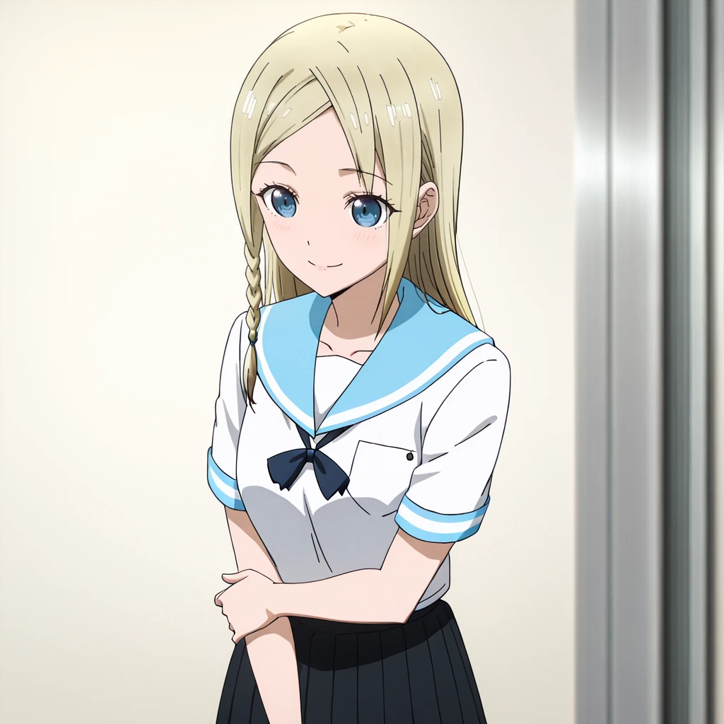 <lora:Hayasaka_illustrious_v1:1>HayasakaSchool2, 1girl,solo, school uniform, blonde hair, blue eyes, pleated skirt, single braid, serafuku, long hair, short sleeves, black skirt, sailor collar, white shirt, cowboy shot