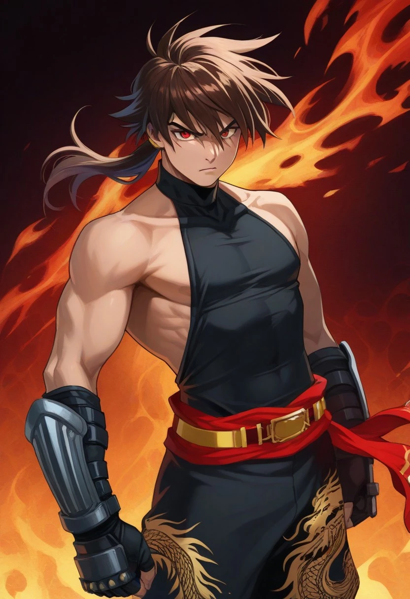 1male, male anime character, Kirin, brown hair, ponytail, red eyes, well-toned body, black sleeveless turtleneck, backless outfit, arm gauntlets, fingerless gloves, red waistcloth, belt, black baggy pants, golden dragon print pants, large flames background, serious, fierce, epic