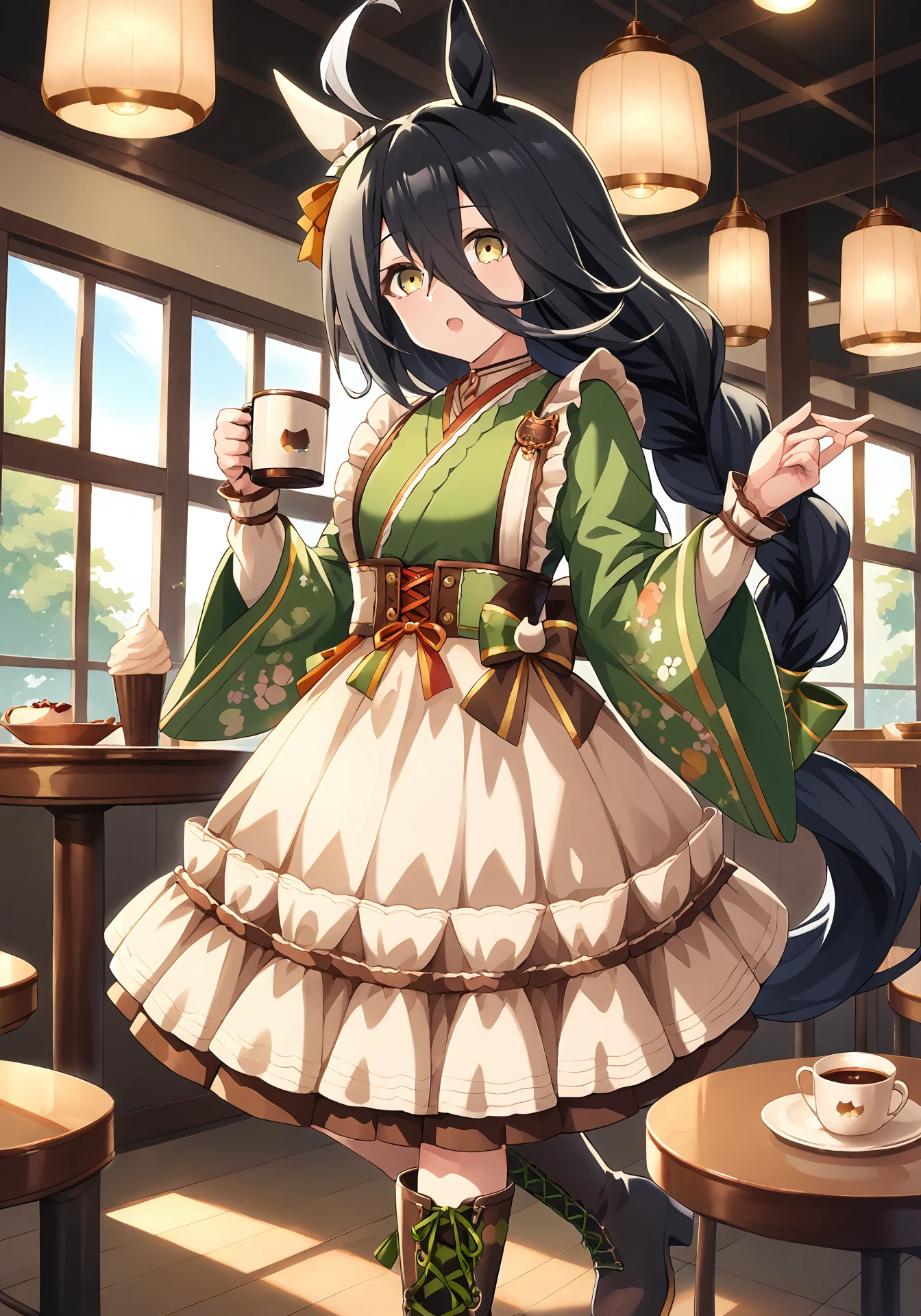 umaofficial,1girl,solo,mcafe,black hair,long hair,white ahoge,yellow eyes,horse girl,
mcverdant,frilled apron,green kimono,wa maid,braided ponytail,green hair bow,cross-laced brown boots,single ear cover,yellow ear ribbon,
dynamic pose,cafe,white coffe mug,holding cup,
score_9,score_8_up,score_7_up,source_anime,masterpiece,best quality,highres,amazing quality,<lora:ManhattanCafePonyV1:1>,<lora:UmaOfficialPonyV1.0:0.8>,