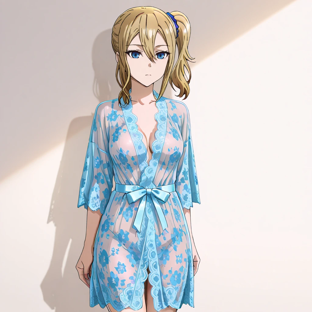 <lora:Hayasaka_illustrious_v1:1> Hayasaka, 1girl, solo, blue scrunchie, blonde hair, hair scrunchie, blue eyes, side ponytail, hair ornament, hair between eyes, medium breasts, bangs, sidelocks, medium hair, cowboy shot,  <lora:IL_Floral_mesh_Robe_see-through:0.7> floral mesh robe, long sleeves, see-through, satin bow belt